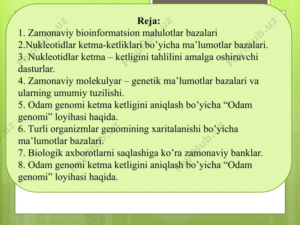 tilgan yoki o’zgartirilgan sana de – ketma –ketlikning uning barcha ma’sulotlarini o’z ichiga olgan holda ta’rifi em – kalit so’zlar ro’yxati os – organizmning nomlanishi hs – organizmning klassifikatsiyasi oc – xo’jayin organizm nomlanishi (viruslar, faglar va boshq. uchun) hc – xo’jayin organizm klassifikatsiyasi rn, ra, rt, rl – ketma – ketlikning bibliografik ta’rifi cc – sharh fh – o’ziga xoslik jadvali sarlavhasi ft – o’ziga xosliklar jadvali, funktsional saytlar, ketma – ketlik orqali kodlanuvchi mahsulotlar ro’yxatlari, nukleotidlarning modifikatsiyasi, mutatsiyalar ro’yxati sq – ketma – ketlikning statistika maydoni boshqa mb da ham analogik maydonlar uchraydi. genbank mb da ft jadvallari o’rnida saytlar jadvallari va o’ziga xosliklar jadvallari qo’llaniladi. saytlarning jadvallarida alohida saytlar yoki qismlar chegaralari ko’rsatiladi. ularda saytlarning koordinatalari va ularning o’lchamlari keltiriladi. o’ziga xos belgilar jadvalida nukleotid ketma – ketliklaridagi keyingi qismlar belgilanadi: oqsil – kodlovchi qism, signalli peptid, yetilgan peptid, trnk va irnk ni kodlovchi qismlar. mb uchun …