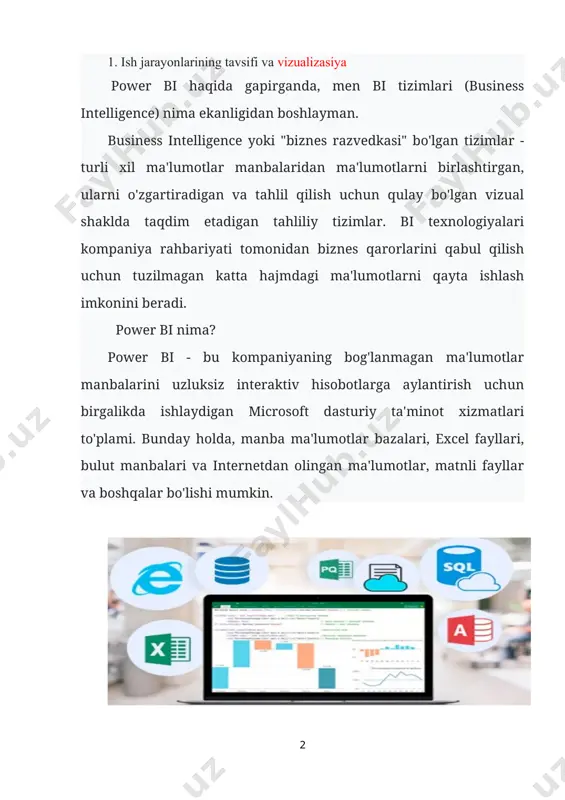 monidan ko'rish uchun interaktiv moliyaviy hisobotlarni yaratishni avtomatlashtirish uchun foydalanishingiz mumkin. ma'lumotlar manbalariga ulanishni sozlashingiz bilanoq, ishlov berish va hisob-kitoblar ketma-ketligi, hisobotlar avtomatik ravishda yaratiladi. va endi har safar hisobotlarni yaratishga vaqt sarflashingiz shart emas. savdo boʻyicha hamkasblaringiz oʻzlarining mobil qurilmalaridagi savdolarni kuzatish uchun power bi mobile ilovalaridan foydalanishlari mumkin. haqiqiy vaqtda hisobot berish menejerlarga hatto yo'lda bo'lganda ham o'zgarishlarni tezda kuzatish imkonini beradi. marketing jamoasi esa vizual ma’lumotlardan foydalangan holda sotuvlarni (yoki boshqa ma’lumotlarni, masalan, google analytics) tahlil qilish va mijozlarni jalb qilishning yangi usullarini ishlab chiqish imkoniyatiga ega bo‘ladi. onlayn power bi xizmati yordamida siz investorlar va potentsial hamkorlarni jalb qilish uchun kompaniyangiz hisobotlarini nashr qilishingiz mumkin. shuningdek, kirish huquqlarini taqsimlash bilan xavfsiz kanallar orqali ichki hisobotlarni ko'ring. 3. vizualizasiyaning asosiy usullari ma’lumotlarni vizualizatsiya qilish power bi’ning eng qiziqarli va ta’sirli qismidir va bu biz muhokama qilgan afzalliklarga qo'shimcha ravishda: • turli ma'lumotlar manbalariga bevosita ulanish; • barcha …