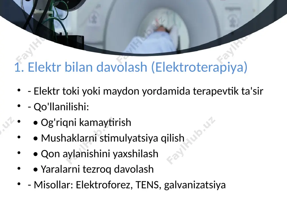 lari (psoriaz, ekzema) • qishki depressiya • vitamin d yetishmovchiligi - misollar: lazer terapiyasi, uv nurlanishi this presentation uses a free template provided by fppt.com www.free-power-point-templates.com yorugʻlik bilan davolash, fototerapiya — quyosh nuri yoki sunʼiy manbalar yorugʻligini profilaktika va davolash maqsadida qoʻllash; fizioterapiyanit bir boʻlimi. sunʼiy manbalarga choʻgʻlanma simi boʻlgan, infraqizil va koʻzga koʻrinadigan nurlar bilan nurlantiradigan apparatlar (infraqizil nurlar bilan nurlantirgich, yorugʻlik issiqligi bilan nurlantirgich — sollyuks. minin lampasi, mahalliy elektr yorugʻlik vannalari, shuningdek, ultrabinafsha nurlar bilan nurlantirish uchun simobkvarsli lampalar) kiradi. this presentation uses a free template provided by fppt.com www.free-power-point-templates.com this presentation uses a free template provided by fppt.com www.free-power-point-templates.com this presentation uses a free template provided by fppt.com www.free-power-point-templates.com this presentation uses a free template provided by fppt.com www.free-power-point-templates.com 3. issiqlik bilan davolash (termoterapiya) - issiqlik yordamida qon aylanishini yaxshilash - qo'llanilishi: • artrit va artroz • mushaklarning spazmi • surunkali yallig'lanishlar - misollar: issiq kompresslar, …