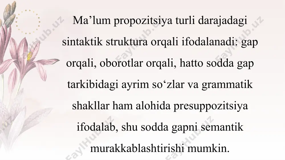 lingvistik presuppozitsiya mantiqiy presuppozitsiyadan farqli ravishda ma’lum ifodalanish shakliga – moddiy vositasiga, tashqi signallariga ega. masalan, o‘zbek tilidagi “karim ham keldi” jumlasida yana boshqa kimdir keldi presuppozitsiyasi anglashiladi. bu presuppozitsiyaning moddiy substrati - tashqi signali ham yuklamasidir. chunki shu yuklama presuppozitsiya uchun yo‘l ochadi. shuningdek, kelish harakatining yuzaga chiqish vositasi (piyoda, mashinada, otda va b.) ham presuppozitsiya orqali ma’lum bo‘ladi o‘zbek tilida presuppozitsiyaning moddiy substrati sifatida xilma-xil vositalar ishtirok etishi mumkin: 1) leksik vositalarning fakultativ ma’no komponentlari 2) hatto, faqat, yolg‘iz, -gina, (-gina emas), ham, tag‘in, yana yuklamalari 3) bo’lsa, esa bog’lovchi vositalari 4) tashqari, boshqa, o’zga, bilan birga, o’rniga ko’makchilari v.v.bogdanov presuppozitsiyani gap semantikasi aspekti ekanligini ta’kidlaydi. n.d.arutyunova ham presuppozitsiya “so‘zlovchilarning umumiy bilish fondi”, “ularning oldindan kelishuvi” sifatida gap semantikasiga kirishini ko’rsatadi. keyingi tadqiqotlarda semantikadan pragmatika ajratilmoqda. presuppozitsiya pragmatika tarkibiga kiritilmoqda. e’tiboringiz uchun rahmat 15 image2.jpg image3.png image1.jpg /docprops/thumbnail.jpeg