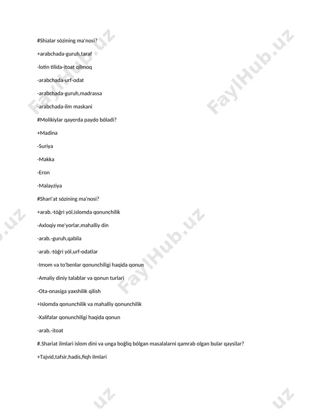hadis ilmlari -kalom ilmi,odob-axloq ilmlari -hadis,ilmiy qonunlar #axmad ibn hanbalning ustozlari keltirilgan qatorni toping? +hoshim ibn bashir,shofe'iy -abu dovud,muslim +ismoil ibn ali,bashir ibn al-mafazzal -abu ali husayn,buxoriy -abu bakr al-muruziy,shofe'iy -abu bakr,termiziy,hasan basriy -muslim,husayn buxoriy -ka'b ibn zuhayr,bishriy hofiy -hayot bin qays al-harroriy,imom ğazzoliy -hoji bayram valiy,abu'l vafo #fiqh.....? +tóğri hayot tizimi -tóğri yól -huquqshunoslik,shariat qonun-qoida -toifa,guruhlar -jinoiy va fuqarolik qonuni -axloqiy me'yorlar -amaliy hukmlar majmusi -yónalish oqim -shariat qoidalari +arab.-bilish,tushunish