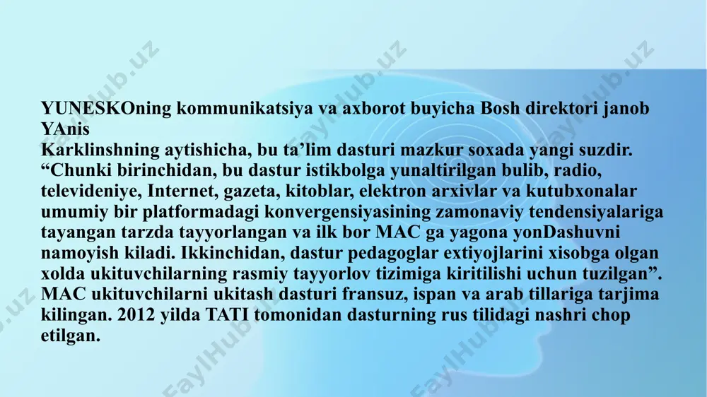 a’lumki, aholi o‘rtasida, jumladan, yosh avlod ongida dunyoda, yon-atrofimizda bo‘layotgan voqea-hodisalar, yangiliklar haqidagi fikrlarning shakllanishida ommaviy axborot vositalari katta rol o‘ynaydi. shuning uchun ham bugungi kunda zamonaviy ta’lim tizimiga yana bir muhim vazifa — bolalarni turli manbalardan, birinchi navbatda, televizor, internet va mobil telefoni kabi axborot uzatuvchi vositalardan olinayotgan turli axborotlarni to‘g‘ri qabul qila olishga o‘rgatish vazifasi yuklatilmoqda. farzandlarimiz har qanday axborotlarning sifati va ishonchliligini baholay olishlari, axborotlardan to‘g‘ri foydalana bilishlari, tanlay olishlari va har bir ma’lumotga tanqidiy yondashishni o‘rganishlari zarur. shu bilan birga, internet, televideniye, kino, radio, video, mobil telefoni, turli ma’lumotlar aks etgan slayd va suratlar kabi aloqa va ma’lumot uzatuvchi vositalarning jadal rivojlanib borishi hayotimizni sifat jihatdan o‘zgartirib, ko‘plab yangi muammolarni, masalan, axborot madaniyatini shakllantirish hamda o‘sib kelayotgan avlodning axborot xavfsizligini ta’minlash muammolarini yuzaga keltirmoqda. mazkur jarayonda mediata’lim o‘quvchini mustaqil fikr yuritishga, ijodkorlik faoliyatlarini rivojlantirishga, axborot olish, uni qayta ishlash, umumlashtirish, xulosa chiqarishga o‘rgatib, yoshlarning dunyoqarashi, intellektual …