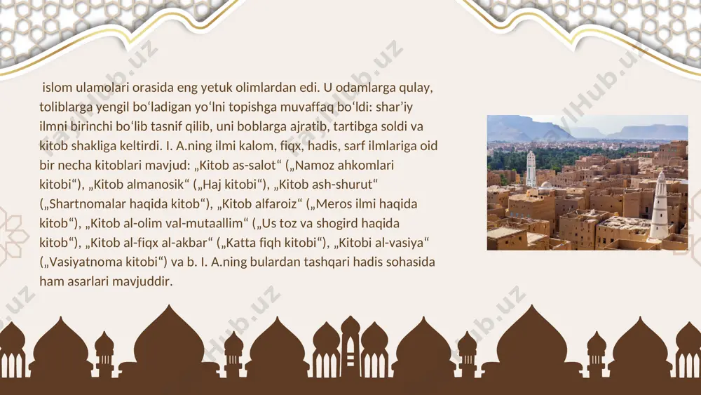 r ilmi, muhammad sollallohu alayhi va sallamning hadislarini yod olishdagi kuchli zehn egasi va aynan hadislar borasida pishiq hamda mustahkam bilim sohibi ekani bilan shurat topgan. sabr, zakovat, haybat, viqor, husni xulq bilan tanilgan. ko’plab ulamolar molik ibn anas haqida hisobsiz maqtov so’zlarini aytishgan. jumladan imom shofeiy: “ulamolar haqida gapirilsa aniqki, imom molik yo’lchi yulduzdir. molik ibn anas tobeinlardan keyin insonlarga allohning hujjatidir”[1]. imom molikning “muvatto” kitobi nabaviy hadis kitoblarining eng mashhuri, eng sahih va eng avval yozilganlaridan hisoblanadi. imom shofeiy “muvatto” asari haqida shunday degan: “alloh taoloning kitobidan boshqa barcha kitoblar ichidagi eng to’g’ri kitob muvattodir”. imom molik 93-hijriy sanada[2] madinayi munavvarada tug’ilgan. hadis ilmi, sahobalardan rivoyat qilingan asar-xabarlar va ularning fatvolarini o’rganish hamda rivoyatlar haqida izlanish bilan muntazam shug’illanib boruvchi oilada ulg’aygan. u yoshligidayoq qur’oni karimni yod olgan. so’ng hadisi shariflarni yodlashga bor e’tiborini qaratgan va islom fiqhini o’rgangan. madina faqihi ibn hurmuz rohimahullohdan yetti yil davomida ajralmay …