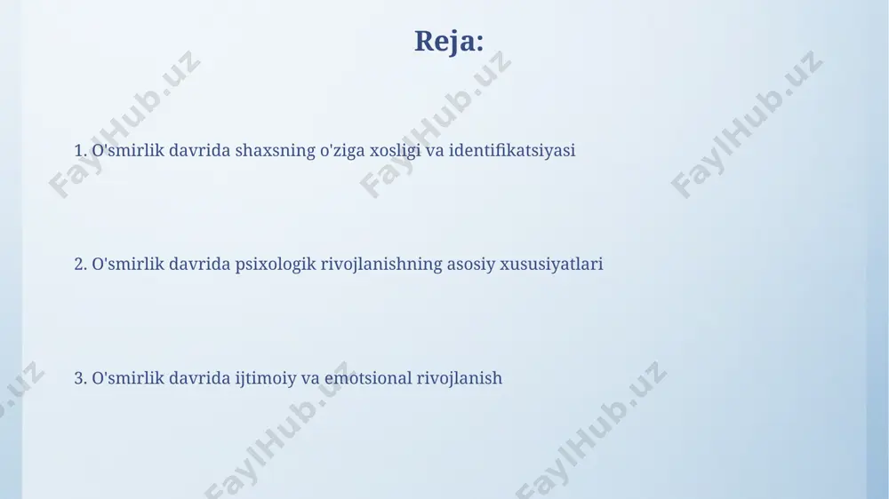 ijtimoiy ta'sir xulq-atvorga sezilarli ta'sir qiladi; masalan, tengdoshlar guruhi bosimi tufayli 50% gacha o'smirlar o'zlarining shaxsiy qarashlaridan voz kechishi mumkin. qizlarga nisbatan, o'g'il bolalarda riskli xulq-atvor, masalan, giyohvand moddalarni iste'mol qilish yoki jinoiy harakatlarga aralashish ehtimoli 3 barobar yuqori bo'lib, bu toshkent shahri statistikasida aniq ko'rsatilgan. o'smirlik davridagi jismoniy o'zgarishlar oʻsmirlik davrida suyak massasi sezilarli darajada ortadi, 17 yoshga kelib, oʻrtacha 45% ga yetgan boʻladi. bu esa amerika qoʻshma shtatlari va boshqa rivojlangan mamlakatlarda oʻtkazilgan tadqiqotlar bilan tasdiqlangan. oʻsmirlik davrida, taxminan 11-16 yosh oraligʻida, qizlarda oʻrtacha 2,5 sm ga baland boʻyish va 7-10 kg ga vazn ortishi kuzatiladi, bu esa reproduktiv tizimning rivojlanishi bilan bogʻliq. o'z-o'zini anglash va o'ziga bo'lgan munosabat oʻz-oʻzini anglash va oʻziga boʻlgan munosabatning shakllanishiga taʼsir etuvchi omillar orasida, ota-onalar bilan munosabatlarning sifati, akademik muvaffaqiyatlar va kanada olimlari tomonidan oʻrganilgan, tengdoshlar guruhiga mansublik muhim ahamiyat kasb etadi. oʻziga boʻlgan munosabat, masalan, oʻziga ishonch darajasi, 70% ga yaqin …