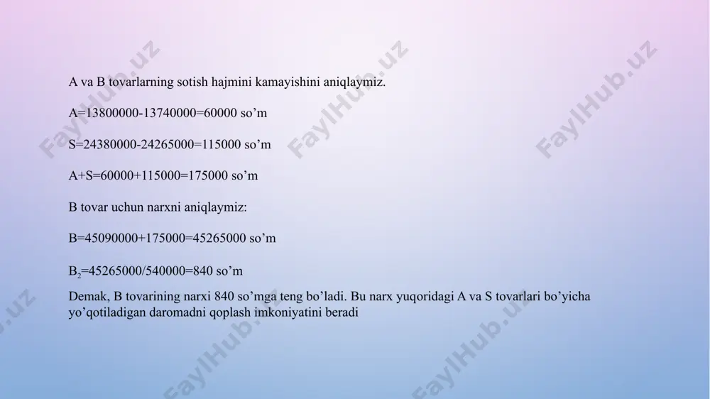 a 250000 donani, b tovar bo’yicha 340000 donani va s tovar bo’yicha 270000 donani tashkil etadi. a va s tovarlari uchun psixologik jihatdan jozibador narxni belgilang. shuningdek, b mahsulotiga dastlabki ishlab chiqarish va sotish hajmini saqlash imkoniyatini beruvchi a hamda s mahsulotlari bo’yicha yo’qotishlarni qoplaydigan bahoni o’rnating image2.png image1.png /docprops/thumbnail.jpeg