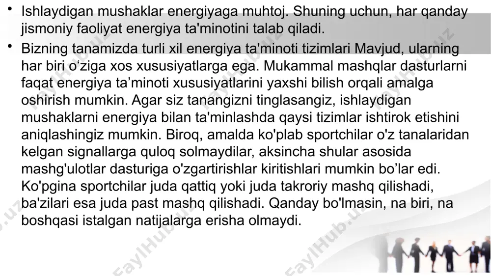 rakatlar atfva krf zahiralarining ortishiga olib keladi, shuning bilan birgalikda sportchining musobaqalarda yaxshi ishtirok etish qobiliyatini oshiradi.8 haftalik sprint (tezlik) mashg'ulotlaridan keyin atf ning parchalanishi va qayta sintezi uchun javob beradigan fermentlar aktivligini sezilarli darajada oshiradi. agar atf tezroq parchalansa, u holda energiyaning ajralishi tezroq bo'ladi. shunday qilib mashg'ulotlar nafaqat atf va krf zahiralarini oshiradi, balki atfning parchalanishi va tiklanish jarayonini tezlashtiradi. bunday moslashish organizm (atf/krf zahiralarining ortishi va fermentativ faollik) muvozanati bilan erishiladi. fosfat tizimi anaerob deb ataladi, chunki kislorod atf va alaktatning qayta sintezida ishtirok etmaydi, chunki sut kislotasi hosil bo'lmaydi. kislorod yoki aerobik tizim chidamlilik sportchilari laktatning yuqori konsentratsiyasi mushaklarning charchashiga olib keladi. agar sportchi uzoq masofaga yugurishni juda yuqori sur'atda boshlasa yoki marra chizig'ini juda erta egallasa, uning laktat kontsentratsiyasi yuqori darajaga ko'tariladi.laktat konsentratsiyasining oshishi ortidan keladigan charchoq sportchining poygada g'alaba qozonishiga to'sqinlik qiladi.laktatning yuqori konsentratsiyasi mushak hujayralari va hujayralararo bo'shliqning atsidoziga (kislotalanish) olib keladi.atsidoz mushak …