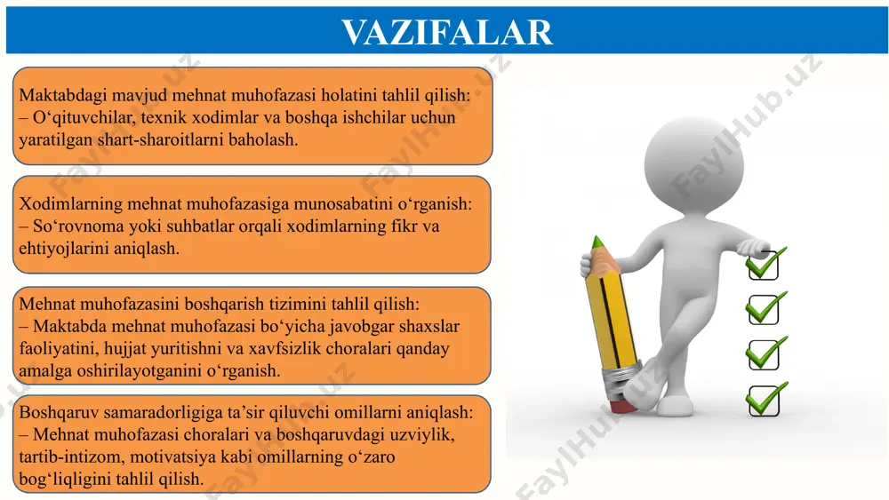 ularning amalga oshirilishini nazorat qilish muhimdir. shuningdek, xodimlarning xavfsizlik madaniyatini oshirish, ular bilan doimiy aloqada bo‘lish, xavfsiz ishlash shartlarini yaratish boshqaruv samaradorligini yaxshilashga yordam beradi. xodimlar uchun mehnat muhofazasi sohasidagi aniq va samarali boshqaruv tizimlarini yaratish, har bir xodimning xavfsizlikka bo‘lgan mas’uliyatini oshirishga yordam beradi. shu bilan birga, xavfsizlikni monitoring qilish va baholash tizimlarini kuchaytirish, har bir hodisa va jarohatni tahlil qilish boshqaruv samaradorligini oshiradi. bu kabi yondashuv maktabda xodimlar va o‘quvchilar uchun xavfsiz ish va o‘quv muhiti yaratadi. 11 tavsiyalar xodimlarga mehnat muhofazasi, xavfsizlik va sog‘liqni saqlash masalalarida muntazam treninglar o‘tkazish. maktabda xavfsizlik holatlarini kuzatish uchun maxsus nazorat tizimi tashkil etish, bu tizim orqali xodimlar xavfsizlikka oid muammolarni o‘z vaqtida aniqlashlari mumkin. xavfsizlikni ta'minlashda faol ishtirok etgan xodimlarni rag‘batlantirish va ularga boshqalar uchun namunali rolni o‘ynash imkonini yaratish. e’tiboringiz uchun rahmat! image1.png image2.jpeg image3.jpeg image4.png image5.jpeg image6.jpeg image7.jpeg image8.png image9.png image10.png image11.jpeg image12.jpeg image13.jpeg image14.png image15.jpeg image16.png image17.png image18.png …