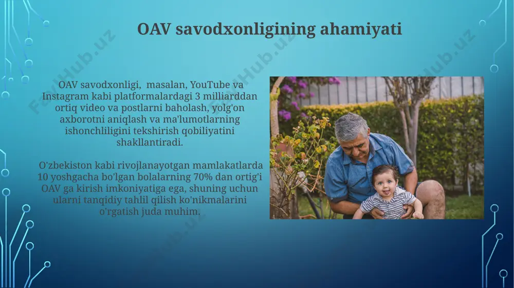 an, ijtimoiy tarmoqlarda, youtube va onlayn o'yinlarda o'tkazadi, bu esa ularning axborotga bo'lgan munosabatini shakllantirishda muhim rol o'ynaydi. o'zbekistonning 10 ta yirik shahrida o'tkazilgan tadqiqotlar shuni ko'rsatdiki, media savodxonligi past bo'lgan yoshlar internetdagi yolg'on axborot va manipulyatsiyaga ko'proq moyil bo'lib, bu ularning dunyoqarashiga salbiy ta'sir ko'rsatadi. ijtimoiy tarmoqlarning ta'siri instagram va tiktok kabi platformalardagi 12-18 yoshli yoshlarga qaratilgan reklama va kontentning 85% tijoriy maqsadga ega boʻlib, ularning xarid qilish odatlari va isteʼmolchi sifatidagi ongiga sezilarli taʼsir oʻtkazadi. oʻzbekiston yoshlarining 70% dan ortigʻi ijtimoiy tarmoqlarni kundalik hayotlarida faol ishlatadi, bu esa ularning axborot isteʼmoli va shaxs sifatida shakllanishiga katta taʼsir koʻrsatadi. o'qituvchilarning tayyorgarligi qashqadaryo viloyatida 2022-yilda o'tkazilgan tadqiqotlar shuni ko'rsatdiki, media savodxonligi bo'yicha o'qituvchilarning tayyorgarligi darajasi 3 balldan 4 ballgacha o'sgan. o'qituvchilarning 70% dan ortig'i samarqand viloyatida o'tkazilgan 2023-yilgi treninglarda media savodxonligi bo'yicha qo'shimcha malaka oshirish kurslarini muvaffaqiyatli tamomlashdi. o'quv dasturlarida media savodxonligi 2024-yildan boshlab andijon viloyatida 10-15 yoshdagi o'quvchilar uchun …