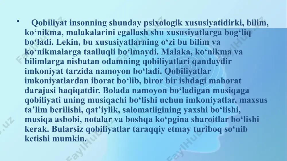 ing xislatlari ta’siri tufayli shaxs qobiliyatlarining tuzilishida qandaydir sifat xususiyatlari paydo bo‘lishini aniqlashga urinishgan. jumladan, nerv tizimining alohida sezgirligi ma’lum qobiliyat nishonasi sifatida vujudga kelishi mumkin. qobiliyatlar b.m. teplovning fikricha, muntazam rivojlanish jarayonida mavjud bo‘ladilar. shuningdek, ta’kidlab o‘tish lozimki, har bir faoliyatning bajarilish samaradorligi bir xil emas, balki, turli qobiliyatlar uyg‘unligiga bog‘liq. ba’zi qobiliyatlar rivojlanishiga zarur nishonalarning mavjud emasligi, ularning tanqisligi boshqa qobiliyatlarning yuksak darajada rivojlanganligi hisobiga to‘ldirilishi mumkin. rus psixologiyasida qobiliyatlar muammosini o‘rganishda ikki yo‘nalish mavjud. birinchisi – asab tizimi asosiy xossalarining aloqalari va insonning umumiy psixik qobiliyatlarini tadqiq etuvchi psixofiziologik yo‘nalish (e.l. golubeva, v.m. rusalov). boshqa yo‘nalish – qobiliyatlarni individual, o‘yin, o‘quv, mehnat faoliyatida tadqiq qilish (a.n. leontevning faoliyatga yondoshuvidan). bu yo‘nalish faoliyat bo‘yicha qobiliyatlarning rivojlanish aniqlovchilarini o‘rganadi, bunda iste’dod nishonalari ahamiyatga olinmaydi. keyinchalik s.l. rubinshteyn maktabida (a.v. brushlinskiy, k.a. abdulxanova-slavskaya) qobiliyatlar muammosini o‘rganishga o‘zaro kelishuvga asoslangan nuqtai nazar tarkib topdi. bu qarashning tarafdorlari bo‘lgan olimlar, odamda yuzaga …