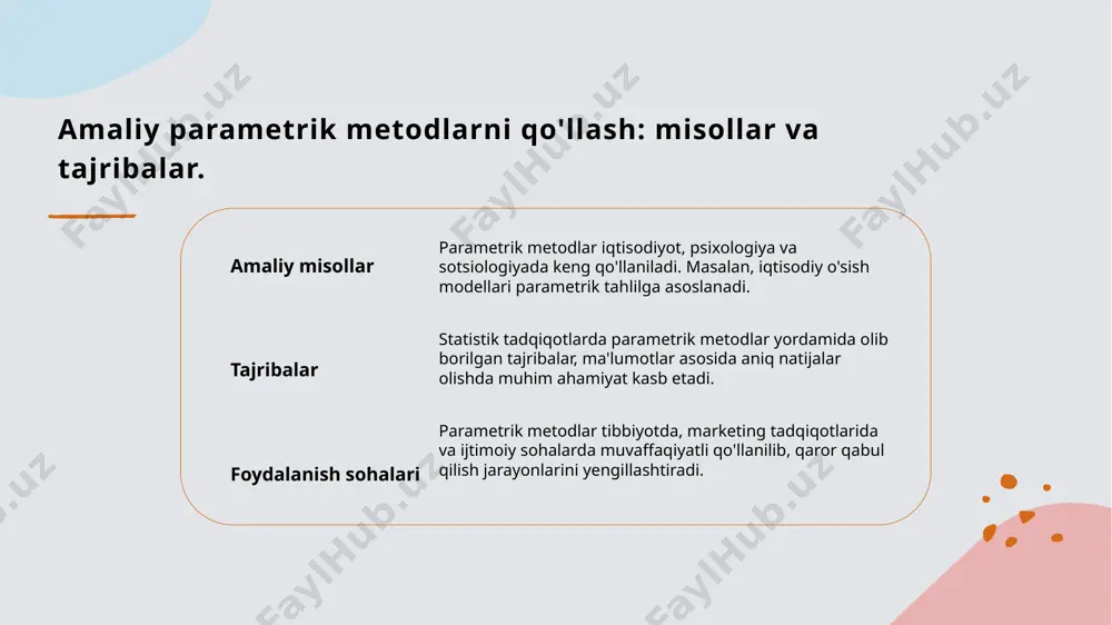 mat qiladi. xulosa 1 parametrik metodlar ahamiyati - parametrik metodlar statistik tahlil jarayonida muhim rol o'ynaydi. ular ma'lumotlarni tahlil qilishni avtomatlashtirish va aniq natijalar olish imkonini beradi. 2 o'zbekistondagi amaliyot - o'zbekistonda parametrik usullar keng qo'llanilmoqda. ularning statistik tadqiqotlarda samarali ishlatilishi, iqtisodiy va moliyaviy sohalarda ijobiy natijalar beradi. 3 kelajakdagi istiqbollar - parametrik metodlarni yanada rivojlantirish va innovatsion yondashuvlarni joriy etish zarur. bu nafaqat ilmiy tadqiqotlarda, balki amaliy sohalarda ham samarali bo'ladi. e'tiboringiz uchun rahmat! /docprops/thumbnail.jpeg