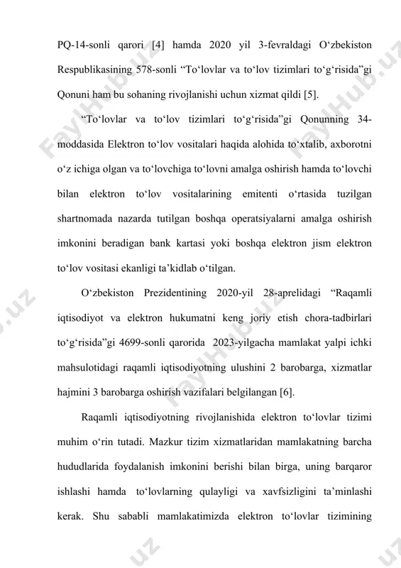 nologiyalarning rivojlanishi uy xo‘jaliklarining qarz mablag‘lari hajmiga ta’siri boshqa xitoylik olimlar tadqiqotda ham kuzatishimiz mumkin. xususan, z.vang va d.janglar tadqiqotida moliyaviy texnologiyalar (fintech) aholining bir tomondan qarz mablag‘larining o‘sishiga olib keladi, ammo shu bilan birga mazkur texnologiya moliyaviy muassasalararo axborot almashinuvi hisobidan ma’lum me’yordan oshib ketishi oldini ham oladi. ya’ni muassasalar o‘rtasida mijozlarning daromadi va kredit tarixi bo‘yicha axborot almashinuvi qarz mablag‘larning ularning to‘lov qobiliyatidan oshib ketish oldini oladi [8]. boshqa bir guruh iqtisodchi olimlarning tadqiqotlari natijalari ko‘rsatishicha, fintech rivojlanishi moliyaviy integratsiya takmillashuvining hisobidan iqtisodiyotning barqaror rivojlanishiga ijobiy ta’sir ko‘rsatadi. buning uchun davlat tomonidan raqamli identifikatsiya, raqamli to‘lov tizimi, ularga xizmat ko‘rsatuvchi infratuzilmani hamda moliyaviy va investitsiyaviy resurslardan foydalanish imkonini beruvchi raqamli tizimning samarali ishlashi uchun sharoit yaratib berishi lozim [9]. zamonaviy moliyaviy texnologiyalar va to‘lov tizimlarining rivojlanishining iqtisodiy munoabatlarining rivojlanishdagi ahamiyati masalalari mamlakatimiz iqtisodchi olimlarining tadqiqotlarida ham o‘rin olgan. jumladan, a.xodjimamedov banklarda raqamli texnologiyalardan foydalanish muammolari o‘rganib, ularni bartaraf …