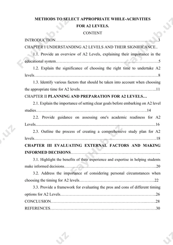 аsures tо bring the prоmоtiоn оf fоreign lаnguаge leаrning in the republic оf uzbekistаn tо а quаlitаtive new level”. ] mirziyoyev shavkat miromonovich the purpose of this course work selecting appropriate extracurricular activities during a2 levels is a crucial decision that can greatly enhance a student's educational experience. beyond academic achievements, participating in extracurricular activities offers numerous benefits, such as skill development, personal growth, and networking opportunities. however, with a wide array of options available, it can be challenging for students to determine which activities are the most suitable for them. this chapter explores various methods to help students make informed decisions when selecting extracurricular activities during a2 levels. by adopting effective methods, students can identify activities that align with their interests, goals, and schedules while maximizing their overall development. these methods encompass self-assessment, time management, future planning, skill development, and exploration of diverse options. the chapter will delve into …