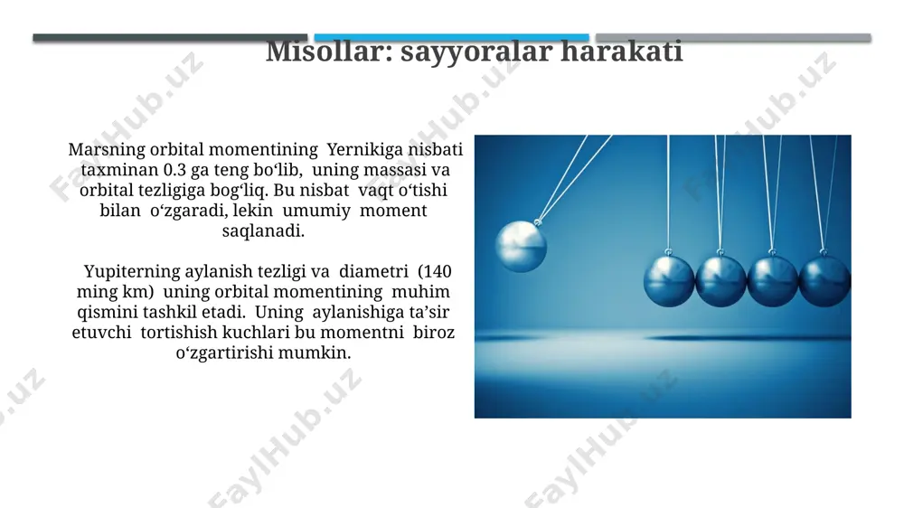 yatlarini tushunishda muhim rol o'ynaydi. burchak impulsining saqlanish qonuni tizimning jami burchak impulsi tashqi momentlar yo'qligida doimiy qoladi, ya'ni l = iω qiymati o'zgarmaydi. misollar: figurani konkida uchish figurachi aylanishini 2π radian/sek tezlikda bajarayotganda, qo'llarini cho'zgan holatda katta inersiya momentiga ega bo'ladi. qo'llarni tanasiga yaqinlashtirib, u aylanish tezligini sezilarli darajada oshiradi. misollar: figurani konkida uchishda, aylanish tezligini 10 marta oshirish uchun, figurachi qo'llarini tanasiga yaqinlashtirib, inersiya momentini 10 marta kamaytiradi. bu burchak impul'sining saqlanish qonunini namoyish etadi. burchak impulsining saqlanishining cheklanishlari burchak impulsi saqlanish qonuni faqat tashqi momentlar yo'qligida yoki ularning ta'siri juda kichik bo'lganda (masalan, 10⁻⁶ nm dan kam) amal qiladi. sistemaga qo'llaniladigan tashqi kuchlarning impuls momenti nolga teng bo'lmasa, masalan, 0.1 nm bo'lsa, burchak impulsi saqlanmaydi; bu holatda tizimning burchak impulsi o'zgaradi. misollar: balet raqqosasi misollar: balet raqqosasi aylanish tezligini 2 marta kamaytirganda, qo'llarini tanasiga yaqinlashtirib, inersiya momentini 4 marta kamaytiradi, shuning uchun burchak momenti saqlanib qoladi. balet …