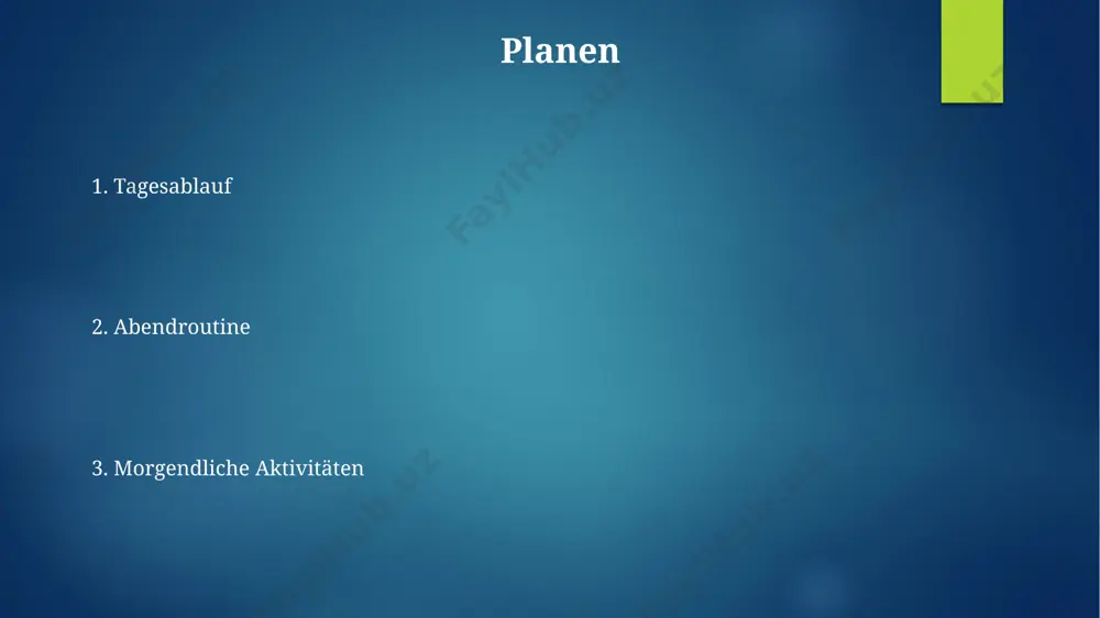 den melatoninspiegel zu regulieren und einen erholsameren schlaf zu fördern, da blaues licht die schlafförderung beeinträchtigt. morgengymnastik und frühstück mein morgengymnastikprogramm umfasst 15 minuten dehnübungen und 20 minuten cardio, idealerweise bevor ich die ersten 300 kalorien meines frühstücks zu mir nehme. nach meiner 20-minütigen laufeinheit trinke ich 500ml wasser und esse innerhalb der nächsten 30 minuten ein frühstück bestehend aus vollkornbrot mit avocado und einem ei. der wecker klingelt die durchschnittliche klingeldauer eines weckers beträgt 1 bis 5 minuten, wobei die lautstärke und der ton variieren und persönliche präferenzen widerspiegeln. „der wecker klingelt“ impliziert einen akustischen reiz von etwa 70 bis 90 dezibel, der den schlafzyklus unterbricht und physiologische reaktionen wie erhöhte herzfrequenz auslöst. vielen dank für ihre aufmerksamkeit @taqdimot_robot image6.jpg image7.jpg image8.jpg image9.jpg image10.jpg image11.jpg image12.jpg image2.png image3.png image4.png image5.png