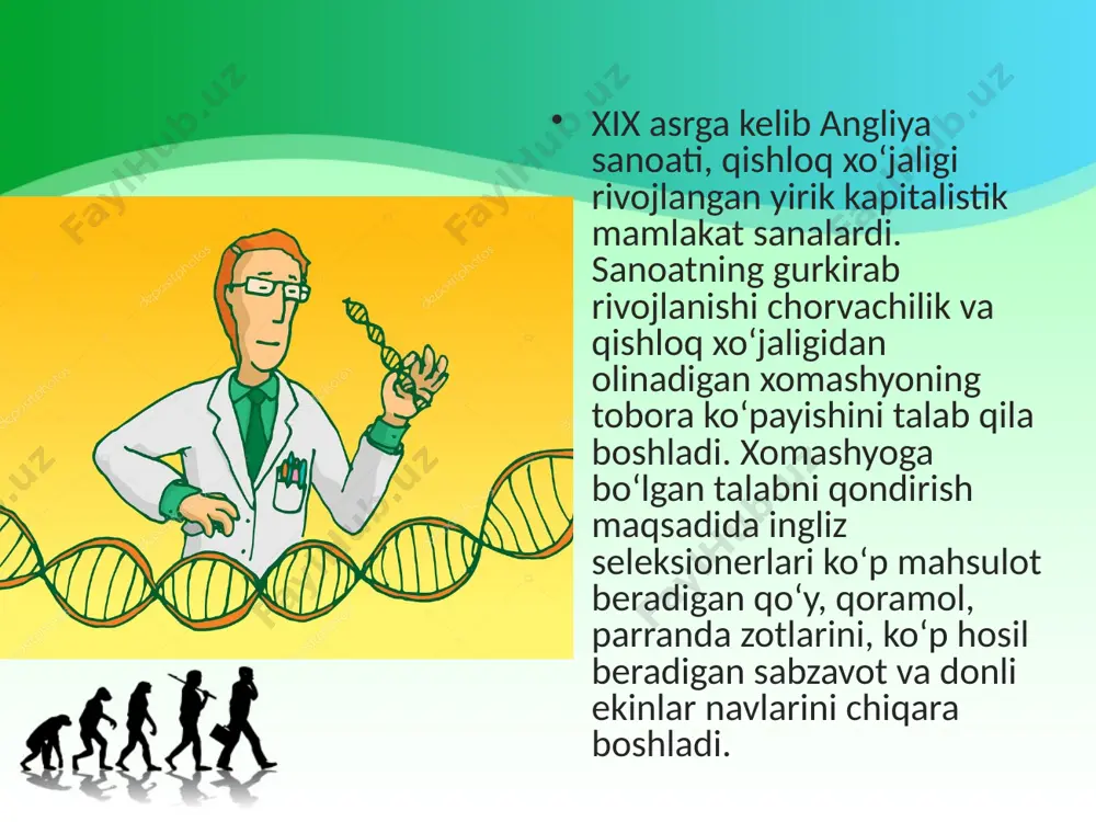 unyo bo‘ylab safardan darvin tashqi muhit ta’sirida turlar o‘zgarishi mumkin ekanligiga ishonch bilan qaytdi. geologiya, paleontologiya, solishtirma anatomiya, embriologiyaga oid dalillar turlarning turg‘un emas, balki o‘zgaruvchan ekanligidan dalolat beradi. ongsiz tanlash. arxeologiya ma’lumotlarining ko‘rsatishicha, odam paydo bo‘lmasdan ilgari yer yuzida madaniy o‘simliklar, xonaki hayvonlar bo‘lmagan. ibtidoiy odamlar yovvoyi hayvonlarni ovlash, tabiatda yovvoyi holda o‘suvchi o‘simliklarning urug‘lari, mevalari va boshqa qismlarini iste’mol qilish bilan hayot kechirgan. insonlar har gal qo‘l ostidagi hayvonlar, o‘simliklar orasidan ko‘p mahsulot beradigan xillarini saralab, boshqalarini o‘z ehtiyojlari uchun ishlatgan. bunday saralash ming yillar mobaynida davom etgan. oqibatda odam xohishidan tashqari yovvoyi o‘simlik, hayvonlardan foydali belgi-xossalari bilan birmuncha farq qilgan mahalliy hayvon zotlari, o‘simlik navlari paydo bo‘lgan. ongli tanlash. keyinchalik insoniyat ongining o‘sishi, fan va texnikaning rivojlanishi tufayli odamlarning oziq-ovqat, kiyim-kechak, dori-darmonga bo‘lgan talabining ortishi bilan ongli tanlash nav, zot chiqarish ishida asosiy o‘rinni egallagan. darvin sun’iy tanlash bilan yovvoyi hayvonlarni xonakilashtirish mumkinligini tajriba orqali isbotlash imkoniyatiga …