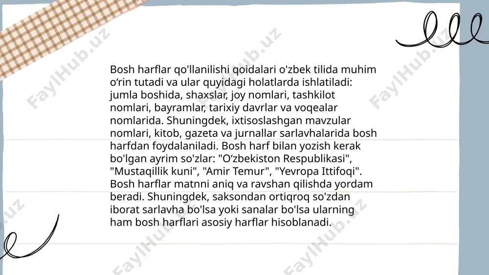 tushunishni va to‘g‘ri yozishni osonlashtiradi. ... t.me/slaydai_bot ismlar va bosh harflar mavzusi o'zbekistonda keng tarqalgan bo'lib, ism va bosh harf tanlashga oid qoidalar, urf-odatlar va statistikalar haqida ma'lumot beradi. o'zbekcha ismlar ko'pincha oila, milliy madaniyat va din bilan bog'liq bo'ladi. bosh harf ko'pincha familiya yoki otaning ismiga mos keladi. statistikaga ko'ra, eng ko'p tarqalgan o'zbek ismlari orasida otabek, shavkat, nigora va dilnoza mavjud. birinchi harf tanlashda odatda "o'", "sh", "z" kabi ko'p ishlatiladigan harflar uchraydi. ushbu mavzu an'analar va zamonaviy tendensiyalar o'rtasidagi o'zgarishlarni ham aks ettiradi. ... t.me/slaydai_bot 1. yulduzlar — yaylovdagi hudosizlar. 2. yigitchalar — yer yuzidagi goʻzal hurriyat. 3. yoshlar — yoshlar ovozli ishonch. 4. yulduzcha — yozning uchun dunyodagi zorij. 5. yapon — yurt ichidagi asl niyatlar. bu nomlar va ularning ma'nolari turli asosiy boshlang'ich harflar bilan bog‘lanadi. ushbu nomlarning birinchi harflari odatda o'ziga xos va unutilmas bo‘lish uchun tanlanadi. ular turli xil joylar, madaniyatlar yoki hodisalar …