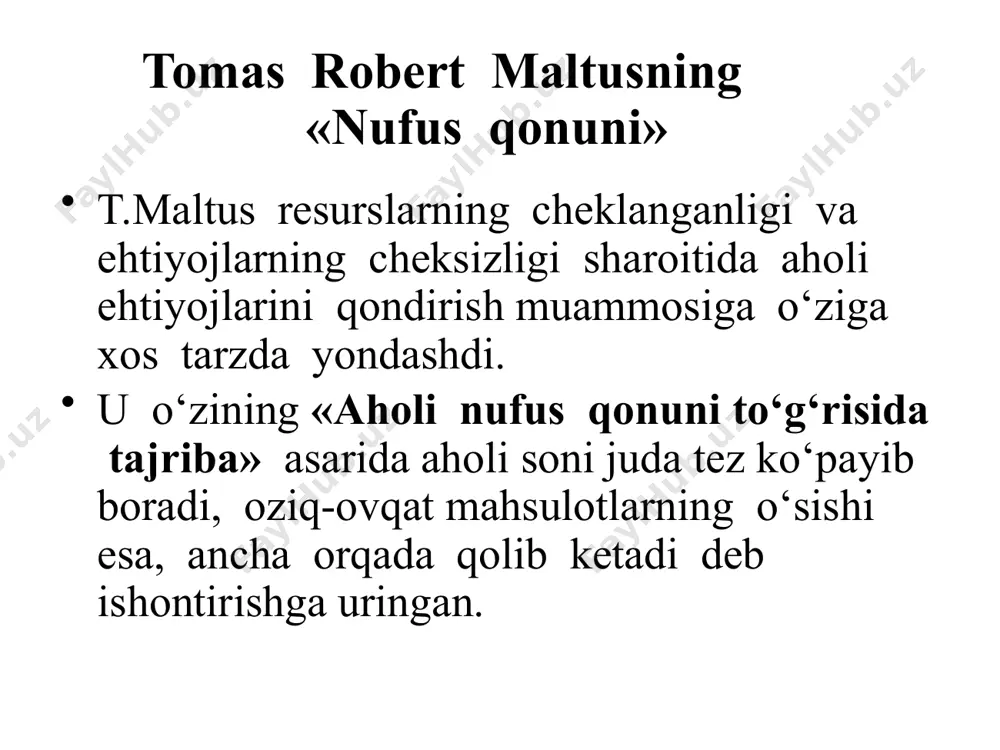 v yoki notekis taqsimotga bogliq emas, balki u «tabiiy qonunlar va inson ehtiroslari», tabiatning xasisligi va odamlarning juda tez ko‘payishi bilan bog‘liqdir. bu nazariya barcha iqtisodiy talimotlar ichida eng qayg‘ulisi, eng ma‘yusi hisoblanadi t.maltusdan keyingi davrdagi iqtisodchilar uning xulosa va prognozlari asossiz ekanligini isbotlab berdilar. t.maltus tasavvur qila olmagan oziq-ovqat mahsulotlarini ishlab chiqarish imkonini yaratib beruvchi fan- lexnika yutuqlari asos bo‘ldi. t.maltusning unumdorlik pasayish savoli bo‘yicha t.maltus o‘zining unumdorlikning pasayishi savoli bo‘yicha o‘z dalillarida jamiyatning ishlab chiqarish imkoniyatlarini muttasil kengaytirib boruvchi texnika laraqqiyotining ahamiyatini inkor etdi. masalan, xix asrning ikkinchi yarmida aqsh aholisi deyarli to‘rt barobar ko‘paydi, lekin shu bilan birga jamiyat a‘zolarining o‘rtacha daromadlari ham to‘rt marta o‘sdi. rivojlangan mamlakatlarda rivojlangan mamlakatlarda aholining ko‘payishiga bo‘lgan moyillik yuqori emas. nimaga? buning asosiy sabablaridan biri shundan iboratki, hozirgi davrda yosh bolalar o‘limi darajasining pasayishi ko‘p bolalik bo‘lish zarurligini bekor qiladi. ikkinchi asosiy sababi ikkinchi asosiy sababi (nobel mukofotining sohibi g.bekker fikriga …