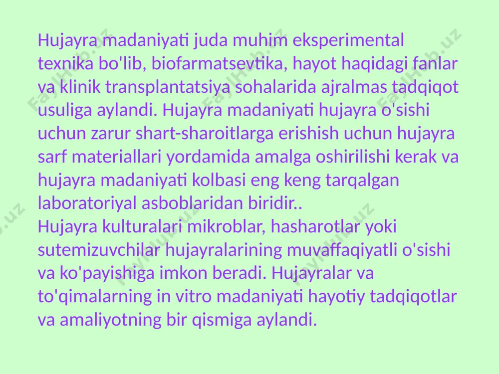 y intizomi sifatida hujayra biologiyasiga ham e'tibor berish kerak. hujayra madaniyati haqida gapiradigan bo'lsak, hozirgi tasnifga ko'ra hujayralar asosan quyidagilarga bo'linadi: suspenziya hujayralari va devor hujayralari. suspension hujayralar madaniyati hozirda hayot fanlaridagi asosiy va samarali hujayra madaniyati hisoblanadi. londondagi murfilds ko'z shifoxonasi shifokorlari inqilobiy usul yordamida 2 nafar keksa bemorning ko'rish qobiliyatini tiklay olishdi. olimlar davolashning bu usuli britaniyada 5 yil ichida paydo bo'lishiga umid bildirishgan. ko'rish qobiliyati tiklangan bemorlar makulyar degeneratsiya - ko'z pardasi buzilishidan aziyat chekishgan. bu kasallik ko'pincha 60 yoshdan keyin va taxminan 50 foiz holatda to'liqmas ko'zi ojizlikda paydo boʻladi. bu kasallik odatda ko'rishda chaplanganlik va ba'zi dog'larni keltirib chiqaradi olimlarning bayon qilishicha, bu kasallikni davolash jarayoni quyidagicha kechadi: yakka murtak asos hujayralar ko'z pardasining 100 mingta pigment hujayrasini saqlovchi 6 millimetrlik to'qimada o'stiriladi. so'ngra bu to'qima ingichka quvurchaga joylashtirilib, u orqali kòzdagi kichik kesik orqali unga kiritiladi. to'qima ko'z pardasi orqasida joylashtiriladi, bu yerda asos …