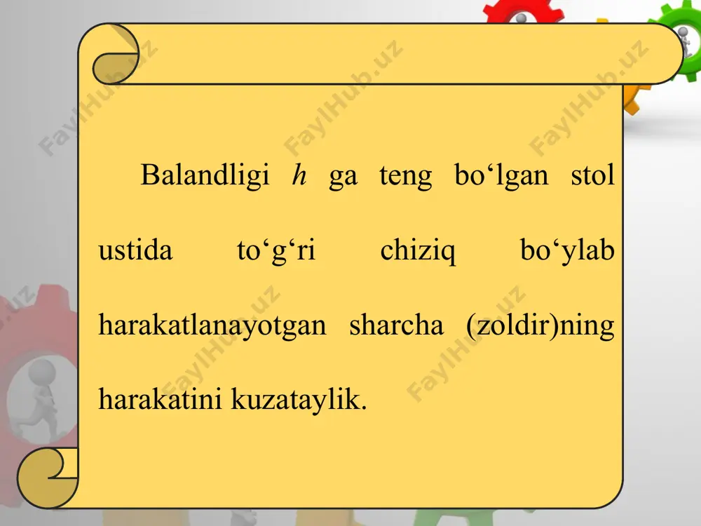 bo‘ylab harakatlanayotgan jismning ko‘chishi uning bosib o‘tgan yo‘liga teng bo‘lmaydi. shuningdek, gorizontal otilgan jismning harakati davomida tezlik vektorining moduli va yo‘nalishi uzliksiz o‘zgarib turadi.