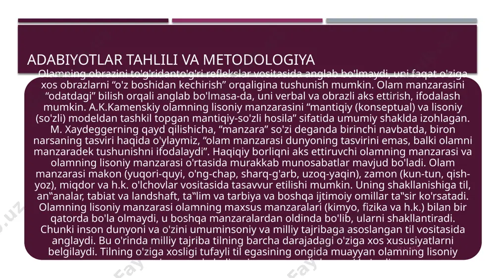 ladi. konsept va konseptosfera terminlarining o‘xshash tomonlari ularning inson ongida paydo bo‘lib, biror bir obrazni tasvirlashida ko‘rinadi.binobarin, konseptosfera fikrlash in’ikosi sifatida hamda universal bir predmetga xos ramziy birliklarning majmui sifatida insonlarning axborot doirasini tashkil qilib, u til birliklari bo‘lgan so‘z, metafora, frazeologizmlar, sintaktik struktura kabilar orqali ifodalanadi [2]. metafora nominativ, obrazli va ekspressiv funksiyasidan tashqari, yana konseptual vazifani ham bajaradi. konseptual metaforaning roli ayniqsa, mavhum tushunchalarni belgilashda yaqqol ko‘rinadi. metaforaning mazmuni asosiy va ko‘makchi komponentlarning o‘zaro ta’sirida namoyon bo‘ladi. metafora borliqdagi turli sohalarda mavjud bo‘lgan ob’ektlarni nomlab, shu bilan tilning leksik va frazeologik qatlamlarini boyituvchi vositadir. bunda «konseptual metafora avval lisoniy aks ettirilmagan hodisalarniverballashtiradi va unga borliqni yanada chuqurroq, konseptual sathda ifodalovchi vosita sifatida qaraladi. ushbu maqolada «zoomorfizm» konsept bo‘lsa, uni qurshab olgan semantik/pragmatik maydon «konseptosfera» (termini)da yoritildi. 08.10.2023 quyida «odam+hayvon» konseptosferasida arximetafora va metaforik hodisaning iboralar yasalishidagi ishtiroki jarayonini qisqaifodalashga harakat qilindi. bunda inson tafakkurida metafora hosil bo‘lishiga qadar …