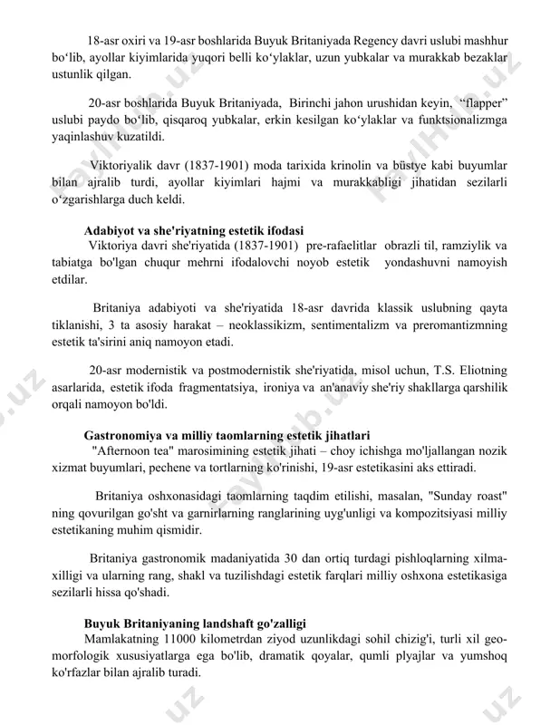 isqaroq yubkalar, erkin kesilgan koʻylaklar va funktsionalizmga yaqinlashuv kuzatildi. viktoriyalik davr (1837-1901) moda tarixida krinolin va büstye kabi buyumlar bilan ajralib turdi, ayollar kiyimlari hajmi va murakkabligi jihatidan sezilarli oʻzgarishlarga duch keldi. adabiyot va she'riyatning estetik ifodasi viktoriya davri she'riyatida (1837-1901) pre-rafaelitlar obrazli til, ramziylik va tabiatga bo'lgan chuqur mehrni ifodalovchi noyob estetik yondashuvni namoyish etdilar. britaniya adabiyoti va she'riyatida 18-asr davrida klassik uslubning qayta tiklanishi, 3 ta asosiy harakat – neoklassikizm, sentimentalizm va preromantizmning estetik ta'sirini aniq namoyon etadi. 20-asr modernistik va postmodernistik she'riyatida, misol uchun, t.s. eliotning asarlarida, estetik ifoda fragmentatsiya, ironiya va an'anaviy she'riy shakllarga qarshilik orqali namoyon bo'ldi. gastronomiya va milliy taomlarning estetik jihatlari "afternoon tea" marosimining estetik jihati – choy ichishga mo'ljallangan nozik xizmat buyumlari, pechene va tortlarning ko'rinishi, 19-asr estetikasini aks ettiradi. britaniya oshxonasidagi taomlarning taqdim etilishi, masalan, "sunday roast" ning qovurilgan go'sht va garnirlarning ranglarining uyg'unligi va kompozitsiyasi milliy estetikaning muhim qismidir. britaniya …