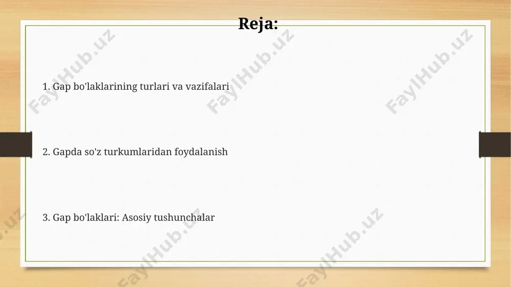 fodalashi mumkin. masalan, "u yerda" joyni, "ertaga" vaqtni, "ehtiyotkorlik bilan" usulni bildiradi. ushbu ma'nolarni ifodalashda ravishlar 4 xil savolga javob beradi. ravishning eng keng tarqalgan vazifasi fe'llarni, sifatlarni yoki boshqa ravishlarni aniqlashdir. misol uchun, "juda tez" iborasida "juda" ravishi "tez" sifatini aniqlaydi, tezlik darajasini 1 dan 10 gacha shkala bo'yicha oshiradi. predlog предлоглар кўпинча от ёки олмош билан боғланиб, уларнинг жумладаги бошқа сўзларга нисбатини билдиради. мисол учун, "стол устида" деганда, "устида" предлоги столнинг ўрнини аниқлайди. предлоглар келишик қўшимчалари билан бирга ишлатилиши мумкин, масалан "уйга қараб", бу ерда "уй" сўзига жўналиш келишиги (-га) қўшилган, "қараб" эса предлог вазифасини бажаради. ўзбек тилида предлоглар 3 та асосий турга бўлинади: соф предлоглар ("билан", "учун"), предлогли сўзлар ("орқали", "томон") ва кўмакчи феъллар ("қараб", "ўтиб"). bog'lovchi bog'lovchilar fe'llar bilan ishlatilganda ma'no jihatidan farq qilishi mumkin. misol uchun, "agar" sharti ergash gapni kiritadi, "chunki" sababni bildiradi, bu esa ularning sintaktik funksiyasiga sezilarli ta'sir ko'rsatadi. bog'lovchi birliklar, ya'ni …