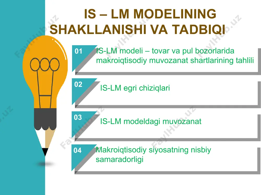 yati c = a + b (y-t) – iste’mol funksiyasi, bu yerda t = ta + ty i = e – dr – investitsiyalar funksiyasi xn = g - m’y - hr – sof eksport funksiyasi lm: m/p = ky – hr – pulga bo'lgan talab funksiyasi 18 dan * slayd 11 mavzu. umumiy makroiqtisodiy muvozanat. is – lm modeli is egri chizig’i tovar bozoridagi muvozanat egri chizig’i – bu egri chiziq milliy hisoblarning asosiy ayniyat shartlarini qondiradigan daromad va foiz stavkasining barcha o’zaro birlashuvliklarini ko’rsatadi va uning har bir nuqtasida investitsiyalar va jamg’armalar bir biriga teng bo’ladi. jamg’arma funksiyasi s s 2 s1 y1 y 2 y investitsiya funksiyasi is egri chizig’i r r r 1 r 2 i 1 i 2 i y 1 y 2 y 18 dan * slayd 11 mavzu. umumiy makroiqtisodiy muvozanat. is – lm modeli keyns xochidan is egri chizig’ining grafik chiqarilishi keyns …