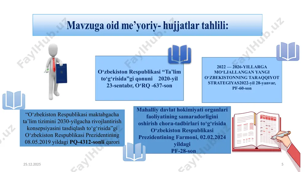 otiga tadbiq etishdagi kamchiliklar maktab rahbariyati va mahalliy hokimiyat birgalikda chet elning ilg‘or tajribalarini o‘rganib, bu tajribalarni maktab uchun moslashtirgan holda turli hil loyiha ishlarini amalga oshirishni rivojlantirish rejalarini tuzish. maktab rahbarlari, lider pedagoglar va kasaba uyushmasi raislari o‘quv yili davomida maktabda xalqaro standartlarga javob bera oladigan o‘quvchilar va o‘qituvchilar soni ko‘payadi. bunda respublika va xalqaro fan olimpiadalaridagi natijadorlik oshadi. 3 mahalla-oila-maktab hamkorlik tizimidagi uchrashuvlar sayozligi ota-onalarni maktabga yig‘ilish deb emas, “keling, ko‘ring, tanishing” deb nomlangan taklifnomalar asosida taklif qilinsa ularda qiziqish paydo bo‘ladi. uchrashuvlar maktab jamoasi va mahalla tomonidan avvaldan tayyorgarlik ko‘rilishi lozim. psixologlar tomonidan “farzandingizni taniysizmi?”, “qizil yo‘lak”, “farzandim qiziqishlari haqida10 ta fakt ” kabi treninglarni tez-tez o‘tkazish. kuzatuv kengashi, mmibdo’, maktab psixologlari, sinf rahbarlari har chorakda ikki marta birinchi navbatda hamkorlik ijobiy natija beradi, ota-onalarning farzandiga bo‘lgan e’tibori kuchayadi e’tiboringiz uchun rahmat! image1.png image2.jpeg image3.png image4.jpeg image5.jpeg image6.jpeg image7.png image8.jpeg image9.png image9.svg image10.png image11.svg image11.png image12.jpeg image13.png …