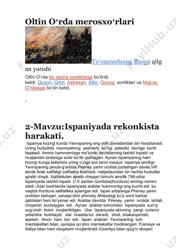 yashashi qiyin hududlar bо‘lib, arablarning bu yerlarni bosib olishga urinishi natijasiz chiqdi. bu yerlar boshqa hududlardan kо‘chib kelgan ispan qochoqlari bilan tо‘lib ketgan edi. keyinchalik xuddi shu yerlardan rekonkista harakati boshlandi.rekonkista harakati viii asrdayoq boshlangan edi. ammo xi asrgacha bu harakat ispan kuchlarining tarqoq bо‘lganligi va ularga qarshi jipslashgan xalifalik kuchlari turganligi sababli biror yutuqqa erisha olmadi. rekonkistachilar 1031 yilda ummaviylar sulolasi parchalanib, 23 ta tayplarga bо‘linib ketganidan keyin muvaffaqiyatga erisha boshladi. bu harkatning markazlari toledo, kastiliya va leon edi. asturiya qirolligi viii—ix asrlarda yarim orolning butun shimoliga va shimoli-g‘arbiga о‘z ta’sirini yoydi. x asr boshlarida asturiyaliklar janubga ham siljib bordilar, leon shahri esa ularning asosiy markazi bо‘lib qoldi va butun asturiya qirolligi leon nomi bilan leon qirolligi deb atala boshladi. x asrning ikkinchi yarmida—xi asr boshlarida leon janubgacha kengayib, duero daryosi havzasigacha chо‘zilib ketadi. bu yerda juda kо‘p qasrlar-qal’alar —burglari bо‘lgan chegara viloyat tashkil topadi. ana shu qasrlar nomidan …