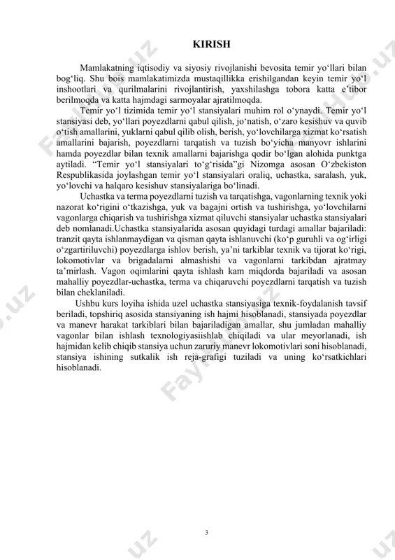 ydalanish tasnifi. “n” uchastka stansiyasi uzelda joylashgan uchastka stansiyasi hisoblanadi va parklarining bir biriga nisbatan joylashuvidan kelib chiqib ko‘ndalang turdagi stansiya hisoblanadi. stansiyadagi strelka o‘tkazgichlari va signallarni boshqarish elektr - markazlashtirilgan. “n” uchastka stansiyasiga avtoblokirovka tizimi bilan jihozlangan uchta yo‘nalish kelib tutashgan. «d-n», «n-i» yo‘nalishlari ikki yo‘lli bo‘lsa, «n-e» yo‘nalishi bo‘lsa bir yo‘lli uchastkadir. “n” uchastka stansiyasiga kelib tutashgan temir yo‘l uchastkalari sxemasi 1.1 rasmda keltirilgan. juft e j a b v g d n i k l m o toq 1.1-rasm. “n” uchastka stansiyasiga kelib tutashgan temir yo‘l yo‘nalishlari sxematik ko‘rinishi. yo‘nalishda elektr tortuv turi qo‘llaniladi: - yuk tashish harakatida vl80k lokomotivlaridan foydalaniladi; - yo‘lovchi tashish harakatida esa chs-3 seriyali lokomotivlaridan foydalaniladi. uchastka stansiyasining asosiy vazifasi tranzit poyezdlarga xizmat ko‘rsatish, lokomotivlar va lokomotiv brigadalarini almashtirish, o‘tib ketuvchi, uchastka va terma poyezdlar tarkiblarini tarqatish va tuzish, harakat tarkiblariga texnik xizmat ko‘rsatish bo‘yicha jarayonlarni bajarish, va shu bilan birga yuk, yo‘lovchi …