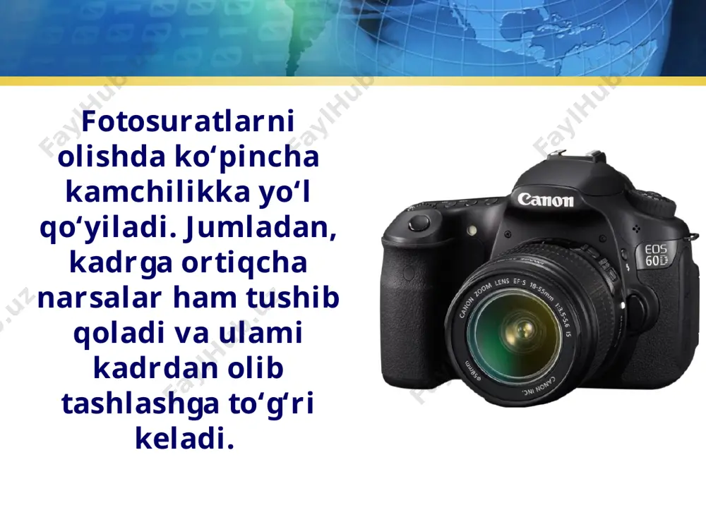 kranidagi tasvirni qiya burchak ostida suratga olingandagi kamchilikni to‘g‘rilashda ham ishlatish mumkin. photoshopda ko‘pincha bir nechta rasmlardan yangi rasm yaratishga to‘g‘ri keladi. bunda tasvirlarning o‘lchamini kichiklashtirish yoki kattalashtirish, ularni burish, o‘girish, qiyalashtirish, qiyshaytirish kabi amallarni bajarishga to‘g‘ri keladi. bu amallarning tayyor suratga qo’llash natijalari quyidagi rasmlarda ko‘rsatilgan: savol va topshiriqlar 1. qanday shakl almashtirish amallarini bilasiz? 2. olma rasmini 90°, 180°, 270° ga buring. 3. olma rasmini vertikal va gorizontal yo‘nalishda o‘giring. 4. qizaloq rasmidagi kamchiliklami bartaraf qiling. 5. bino rasmini yuklab, undagi perspektivani o‘zgartiring. 6. 0‘zingizning fotosuratingizni yuklab oling. unga o‘n bitta shakl o‘zgartirish amalini qo‘llang va bu fotosuratlaming barchasidan bitta fotosurat yasang. image2.jpeg image3.jpeg image4.jpeg image5.png image6.jpeg image7.jpeg image8.jpeg image9.emf image10.jpeg image11.jpg image12.jpeg image13.emf image14.emf image15.jpeg image16.emf image1.png
