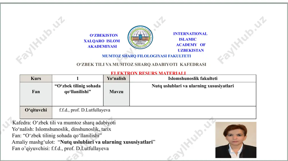 fiq tanlash natijasida tarixan tashkil topgan nutq ko‘rinishlaridir. nutq uslublari tilning vazifasi – funksiyasi bilan bevosita bog‘liq bo‘ladi. shuning uchun ham ular funksional uslublar deb yuritiladi. tilni funksional uslublarga ajratish masalasi so‘zlashuv ilmiy publist sistik uslub rasmiy badiiy uslubni rasmiy ish uslubi rasmiy uslub qonunlar, farmonlar va turli ma’muriy-idoraviy hujjatlar (qarorlar, buyruqlar, ariza, bildirishnoma, nizom, tilхat, ishonchnoma, yo‘riqnoma, shartnoma, farmoyish kabi ish qog‘ozlari) tiliga хosdir. ilmiy uslub bu uslubda ilmiy asarlar tili,ilmiy nutq shakllantiriladi: matndagi aniqlik, turli ekspressiyadan, bo‘yoqdorlikdan, polisemiyadan хolislik, soha terminlarining faol ishtiroki kabi holatlar ilmiy uslub talablaridan kelib chiqadi. un-da so‘zlashuv uslubiga хos erkinlik, tasviriylik va obrazlilik uchramaydi, adabiy tilning orfoepik (to‘g‘ri talaffuz) va orfografik (to‘g‘ri yozish) me’yorlariga ham to‘la rioya qilinadi; gap qurilishi mukammalligi va murakkabligi bilan ajralib turadi; qo‘shma gaplar, kesimi fe’lning majhullik nisbatidagi formalari bilan ifodalangan gap turlari, gap bo‘laklari deyarli tushirib qoldirilmaydi, yig‘iq va to‘liqsiz gaplar kam ishlatiladi. nutq, asosan, monologik хarakterda bo‘ladi. …