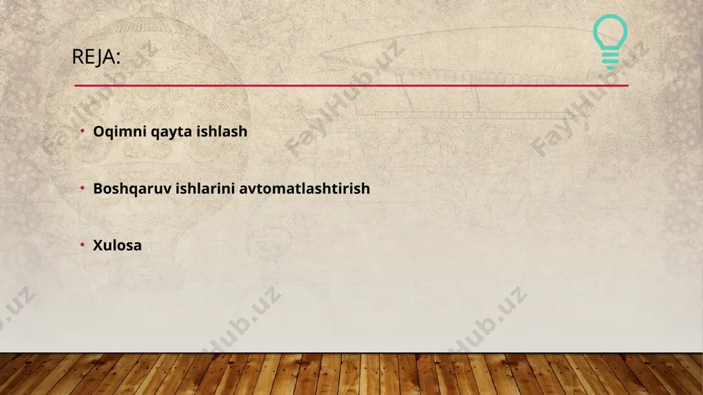 aytganda, ishlab chiqarish va xoʻjalik faoliyatidagi holatni aks ettiruvchi maʼlumotlarning tezkorligi va ishonchliligini taʼminlash, maʼlumotlarni qayd qilishni sodda holatga keltirish, zarur xabarlarni izlash va guruhlash, ularning tezligini oshirish, axborot saqlashni mukammallash, hisobotlar tayyorlashda kishi mehnatini kamaytirish, xoʻjalik boʻgʻinlari orasidagi oʻzaro bogʻlanish va axborot oqimi sifatini koʻtarish, ikkinchi darajali maʼlumotlardan xoli boʻlib, boʻgʻinlararo axborot oqimini tartibga solish, boshqarish uchun olingan maʼlumotlarni saralab, murakkab tahlil ishlarini bajarish, bashoratlash, maqbullash, rejalashtirish va tashkillash masalalarini hal qilish. bunday tizimlarni barpo etishdan asosiy maqsad ularning texnik asosi hisoblangan ehmni yaratish, axborot jarayonlarini avtomatlashtirishga qodir tizim maʼlumotlarini har tomonlama ishlab chiqish. 8 odamning texnik vositalar bilan oʻzaro muloqotini yengillashtiradigan maʼlumotlarni qayta ishlash qurilmalari, ayniqsa, axborotlarni qayd qilish va aks ettirish bosqichidagi har xil qurilmalar boshqaruv ishlarini avtomatlashtirish tizimini xalq xoʻjaligiga joriy etishni tezlashtirishga imkon beradi. axborot jarayonlarini avtomatlashtirish asosida eng mukammal matematik modellar qurish hamda maqbul rejalashtirish, loyihalash va boshqarish masalalarini yechish usullaridan foydalanishga imkon tugʻiladi. …