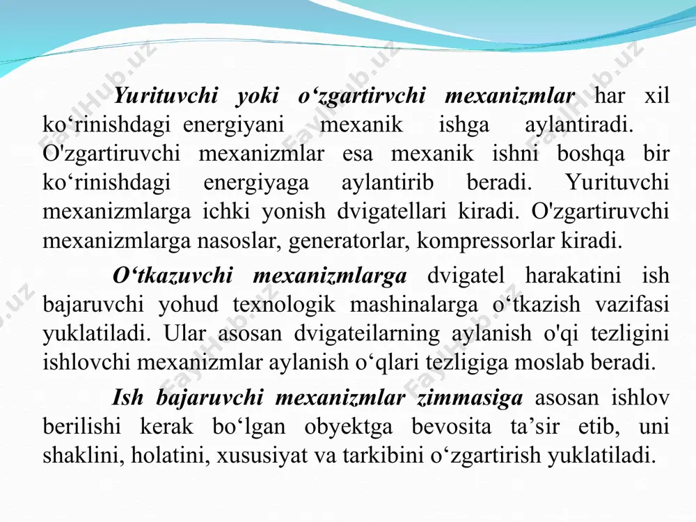 r mexanizm asosini kinematik zanjirlar tashkil etadi. lekin, hamma kinematik zanjirlar ham mexanizm bo‘la olmaydi, chunki mexanizm ma’lum bir qonuniyatga binoan harakatlanishi kerak va biron-bir maqsadga mo‘ljallangan bo‘lishi kerak. shunday qilib, maqsadga muvofiq ravishda harakat qiladigan kinematik zanjirlargina mexanizm bo‘la oladi. * 3. kinematik juftlar xilma-xildir. ularning tabiatiga qarab, kinematik jufdar haqida fikr yuritilishi mumkin. kinematik juftlar ustida eng birinchi ilmiy ishlardan bittasi nemis olimi frans reloga mansubdir. u kinematik juftlarni xvii asr boshlarida ularning birikish elementlariga qarab ikki sinfga bo'ladi: - quyi kinematik juftlar; - oliy kinematik juftlar. quyi kinematik juftlar birikish elementlari sirt yoki tekisliklardan iborat bo‘lgan bo‘g‘inlar birikmasidir. quyi kinematik juftlar quyidagicha tasvirlanadi (1-chizma): 1-chizma. a), b) aylanma harakatlanuvchi kinematik juft, d) ilgarilanma harakatlanuvchi kinematik juft. oliy kinematik juftlar birikish elementlari nuqta yoki chiziqlardan iborat bo’gan juftlardir. oliy kinematik jufdar quyidagicha ifodalanadi (2-chizma): 2-chizma. yuqorida keltirilgan kinematik juftlar ularni hosil qilgan bo‘g‘inlarning birikish elementi shakliga bog'liq bo‘lib, …