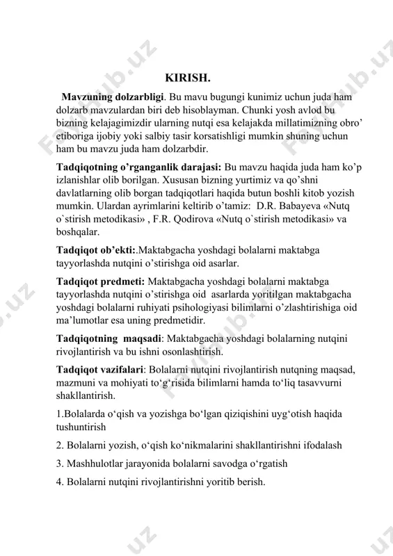 ki shu tizimni oʻrganish va ishlatish qobiliyatiga aytiladi. tilni oʻrganuvchi sohaga tilshunoslik deyiladi. jahon tillari miqdorini aniqlash uchun til va sheva orasida farq oʻrnatish zarur. bolalarning aqliy jarayonini rivojlantirish uchun ularning nutqini o‘stirish zarur: bola har bir so‘z manosini tushuna olishi uni o‘z nutqida erkin ifodalashga muvofiq bo‘lishi kerak. tushunchalar tizimiga moslashgan bola o‘z fikrini jamlab gapirishga va ifodalab berishga o‘rganadi. og‘zaki nutqini o‘stirish bo‘yicha o‘tkaziladigan mashg‘ulotlarda asosan, bolalarning og‘zaki nutqini o‘stirishga, nutqni grammatik tomondan to‘g‘ri shakllantirishga: nutqning morfologik va sintaksis tomonlarini shakllantirishni davom ettirish: sodda va qo‘shma gaplar tuzish, bunda barcha so‘z turkumlaridan foydalanishga o‘rgatish, bolalarni gapirganda sonni otga, sifatni otga, sifatni fe’lga to‘g‘ri ishlatish malakalarini takomillashtirish, tovush va so‘zlarni to‘g‘ri talaffuz etishga, ravon gapirishga, mustaqil hikoya qilishga e’tibor beriladi. og‘zaki nutqini o‘stirishda mustaqil hikoya qilishga o‘rgatish katta o‘rin egallaydi: bolalalarni o‘z hayotlarida uchragan voqealar, suratlarga qarab, tarbiyachining taklif qilgan mavzusi asosida hikoyalar tuzishga o‘rgatiladi.tayyorlov guruh bolalarining hikoyalari mazmunan …