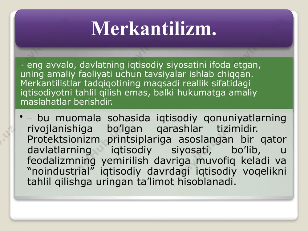 qib ketishiga yo’l qo’y-maslik uchun qimmatli xorijiy tovarlarni (zeb-ziynat buyumlari) iste’mol qilishni man etishni talab qilib chiqdi 4 angliyada ishlab chiqarilishi mumkin bo’lgan tovarlarni mamlakatga olib kirishni to’liq man etishni tavsiya etadi.. uilyam staffordning (1154-1612 y.)angliya merkantilizmining ancha yirik vakili 13 - tovarlar bahosining ozgina oshishi, tovarlar taklifining ancha ko’payishiga olib kelishi qoidasini asoslab berdi; - milliy iqtisodiyot rivojlanishining kaliti sifatida, bankno-talarni chiqarish yo’li bilan mamlakatda pulning mo’l-qo’lligini ta’minlashga harakat qildi; j.lo kredit-bank tizimi, shuningdek, qog’oz-pul muomalasi va birja chayqovchiligi asos-chilardan biri hisoblanadi. u kuchli iqtisodchi-amaliyotchi bo’l-sada, faqat ikkita asar yozgan. birinchisi “pul va savdo” 1705 yilda chop etilgan, ikkinchisi “regentstvo davri moliya tarixi” uning o’limidan sal oldin yozib tugatiladi, lekin faqat ikki yuz yildan keyin nashr etiladi. - kredit emissiya banklarining davlatga qarashli bo’lishini, hukumat tomonidan iqtisodiy siyosatini olib borilishi va uning yordamidan foydalanishni talab qilib chiqdi; - davlat qo’shimcha ish joylarini yaratishga imkon beruvchi muomaladagi pul miqdorini ko’paytirish …
