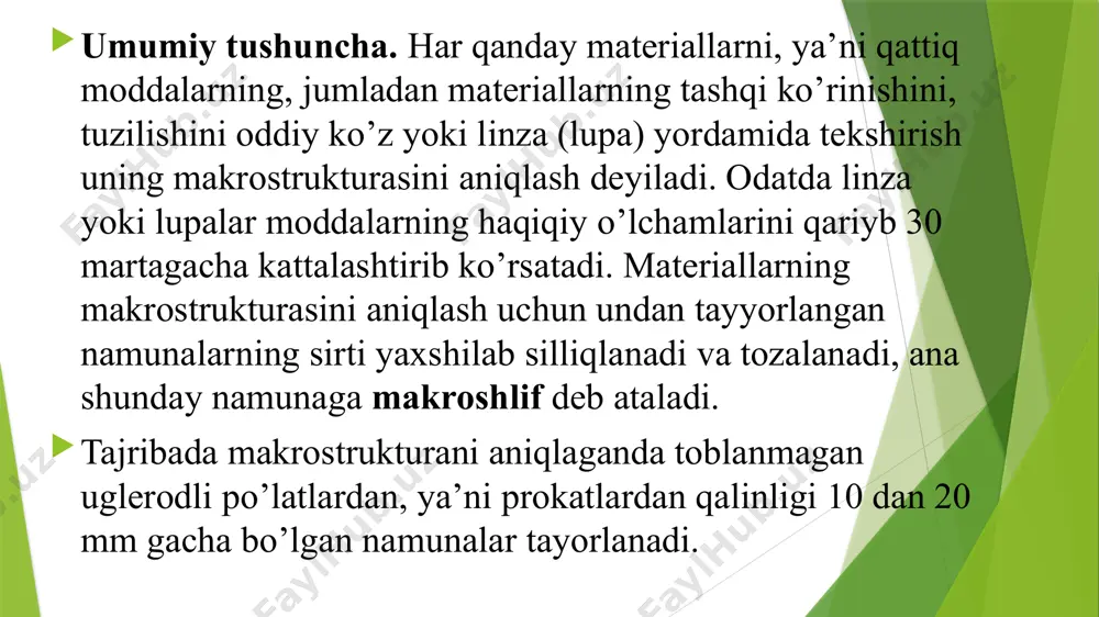 ta-sekin suvga (lekin aksincha emas!) quyish va doimo chayqatib turish kerak. eritmani tayyorlashda qo’lqop kiyish va himoya ko’zoynagi taqib olish tavsiya etiladi. oltingugurt likvatsiyasini aniqlash. 1. silliqlangan namunani sirti spirtda ho’llangan paxta bilan artib tozalanadi. 2. ochilgan foto qog’oz 6 minut davomida 5 % li sulfat kislota eritmasida ushlab turiladi, so’ngra eritmadan chiqarilib filtr qog’ozi orasida quritiladi. quritilgan foto qog’oz tayyorlangan makroshlif namunasiga emultsiyasi bor tomoni bilan yopishtiriladida, ustidan qo’l bilan bosiladi. bunda foto qog’oz bilan makroshlif orasidagi havo chiqib ketadi. 2 - 3 minutdan keyin foto qog’oz namunadan ko’chirib olinadi. 3. ko’chirib olingan foto qog’oz suv bilan yuviladi, so’ngra natriy giposulfitning suvdagi 25 % li eritmasida 3 - 4 minut ushlab turiladi va qaytadan suvda yuvilib, so’ngra quritiladi. foto qog’ozdagi qo’ng’ir rangli qismlar namunadagi oltingugurt to’plangan (sulfidlar to’plamini) joylarni ko’rsatadi. ma’lumki, oltingugurt po’latda marganets va temir bilan ximiyaviy birikmalar mns va fes holida uchraydi. bu birikmalar sulfat kislota bilan …