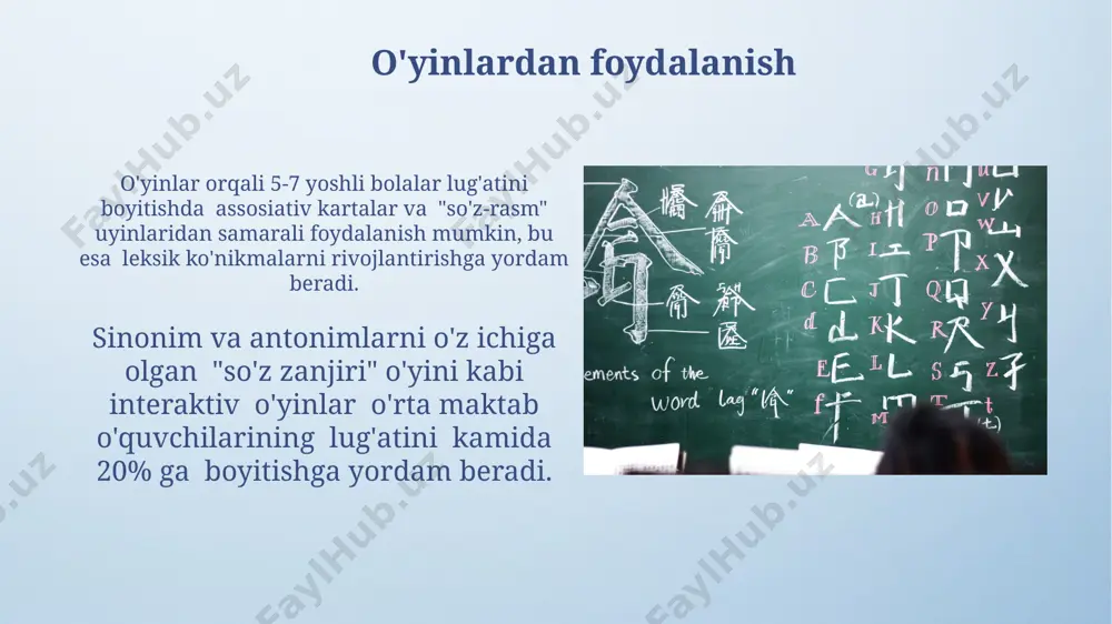 . tarjima mashqlari tarjima mashqlarini o'yin shaklida, masalan, 2 guruhga bo'lib raqobatlashtirish orqali o'quvchilarning faol ishtiroki va so'z boyligining tez o'sishini ta'minlash mumkin. tarjima mashqlarida 5-10 ta so'zdan iborat murakkab gaplarni tarjima qilish orqali lug'at boyligini oshirish samarali usul hisoblanadi, bu esa sintaktik ko'nikmalarni ham rivojlantiradi. frazeologizmlarni o'rganish o'quvchilarga 20 ta frazeologizmni o'zbek tilidagi she'r yoki hikoyalar matnlaridan topish va ularning ma'nolarini izohlash vazifasini berish lug'at boyligini oshiradi. frazeologizmlarni o'rganishda 5-10 ta frazeologizmni mavzular bo'yicha guruhlash va ularning kontekstda qo'llanilishini misollar bilan ko'rsatish samarali usul hisoblanadi. so'z yasash elementlari bilan tanishtirish so'z yasashning 5 ta asosiy usuli (qo'shma so'zlar, murakkab so'zlar, qisqartmalar, so'z birikmalari va boshqalar)ni tushuntirib berish orqali, o'quvchilarning leksik zahirasini 2 barobar oshirish mumkin. har bir darsda kamida 10 ta yangi so'z yasash elementi va ular yordamida hosil qilingan 20 ta yangi so'z bilan ishlash, faol lug'at boyligini sezilarli darajada oshiradi. e'tiboringiz uchun rahmat @taqdimot_robot image4.png image5.jpg image6.jpg …