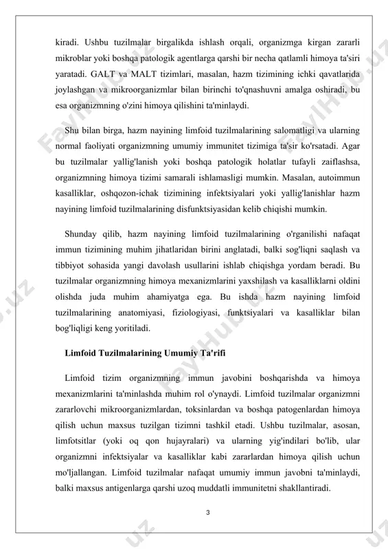 ning asosiy tarkibiy qismlari — limfa tugunlari, milt, qalqonsimon bezlar, tonsillar tizimi (yog‘och tovushlari) va hazm tizimining limfoid tuzilmalari (masalan, galt — gut-associated lymphoid tissue va malt — mucosa-associated lymphoid tissue) hisoblanadi. ushbu tuzilmalar organizmdagi barcha joylarda joylashib, antigenlarni tanib olish va immun javobni boshqarishda muhim vazifalarni bajaradi. har bir limfoid tuzilma o'zining muayyan vazifalari va xususiyatlariga ega bo'lib, ular immun tizimining samarali ishlashini ta'minlaydi. 1. limfotsitlar: limfoid tuzilmaning asosiy komponentlari limfotsitlar limfoid tizimning asosiy hujayralaridir va ular immun javoblarni amalga oshiruvchi hujayralar sifatida tanilgan. limfotsitlar b-hujayralari, t-hujayralari va nk-hujayralariga bo'linadi. · b-hujayralar — bu hujayralar immunitet javobini humoral yo‘l bilan boshqaradi. ular antikorlarni ishlab chiqaradi va antigenlarni neytrallashtiradi. b-hujayralar, shuningdek, immun xotira hujayralarini hosil qiladi, bu esa organizmga uzoq muddatli himoya ta'minlaydi. · t-hujayralar — bu hujayralar immunitet javobini hujayra orqali boshqaradi. t-hujayralar infeksiyalangan hujayralarni yo'q qiladi va boshqa immun hujayralarni faol holatga keltiradi. ular yordamchi t-hujayralar (cd4+), yirtqich …