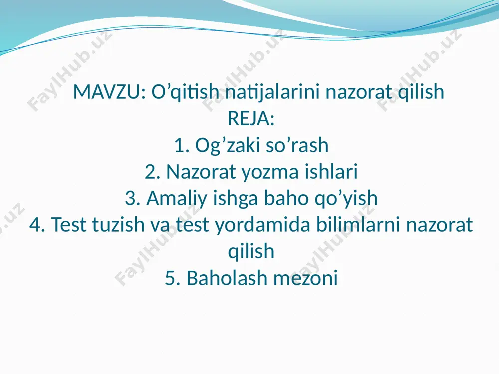 qtda doskaga chaqiradi, biri og’zaki javob beradi, 3-4 nafar o’quvchi esa kartochkalar bo’yicha yozma ishni bajarishadi va hokazolar. bu tekshirishning murakkab usuli bo’lib, o’qituvchidan yetarlicha tajriba va diqqatlarini guruhdagi hamma o’quvchilarga taqsimlay bilishni talab qiladi. yozma tekshirish – o’quvchilarning bilim, ko’nikma va malakalarini nazorat qilish va baholashning eng samarali usullaridan biri bo’lib, ularning ijodiy qobiliyatlarini baholash imkonini beradi mazkur usulning mohiyati shundaki, o’qituvchi alohida mavzu yoki o’quv dasturining ma’lum bo’limini o’tib bo’lganidan so’ng o’quvchilarning bilimlarini nazorat qilish va baholashni tashkil etadi. yozma tekshirish topshiriq, ya’ni, insho yozish hamda turli nazorat va mustaqil ishlarni bajarishni uyda ham amalga oshirishga imkon beradi. ushbu jarayonda o’qituvchining bajarilgan ish bilan tanishib chiqishi, uning sifatini tekshirishi uchun ko’p mehnat va vaqt sarflanadi. kimyoda yozma ishlar o’tkazish o’quvchilarning kimyoviy tillardan foydalana bilishlari, hisoblar qila olishlari, o’z bilimlarini ifodalash vositasi hisoblangan rasmlardan foydalanishlari, moddalar hamda kimyoviy hodisalarni ifodalash rejasini tuzishlari, o’z kuzatishlarini yozib borish malakalarini tekshirib ko’rishi …