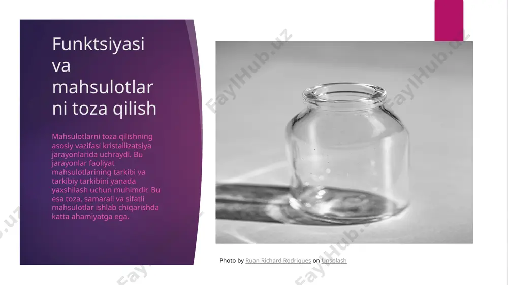 kristallizatorlar va ularning dizayni - tarkib toza va samarali mahsulotni ta’minlash - sanoat ichidagi o'rnaklari va ularning ahamiyati. photo by national cancer institute on unsplash kristallizatorlar va farmatsevtika sanoati: birligi natijalar olishda ahamiyati 1 kristallizatorlar va farmatsevtika sanoati - kristallizatorlar farmatsevtika sanoatida mahsulotlar to'g'ri kristallarni olishda katta ahamiyatga ega. sanoatda kristallizatorlar muhim qo'llaniladi. 2 birligi natijalar olishda - kristallizatorlar va farmatsevtika sanoati birga mahsulotlarni toza va samarali bo'lishda katta rol o'ynaydi. natijalar olishda ularga ahamiyat beriladi. 3 ahamiyati - kristallizatorlar va farmatsevtika sanoati birligi samarali mahsulotlar isbotlanishida katta ahamiyatga ega. sanoatning rivojlanishida kristallizatorlar katta o'rni egallaydi. xulosa 01 xulosa kristallizatorlar farmatsevtika sanoatida katta ahamiyatga ega. ularning dizayni va funktsiyasi mahsulotlarni toza va samarali qilishda muhim rol o'ynaydi. 02 tarkib va efektivligi kristallizatorlar turlari va ularning dizayni muhimdir, chunki ular mahsulotlar tarkibini saqlaydi va efektivligini ta'minlaydi. toza mahsulotlar so'nggi foydalanuvchilarga boy bo'lishi kerak. 03 o'zbekiston farmatsevtika sanoati o'zbekiston farmatsevtika sanoati uchun …