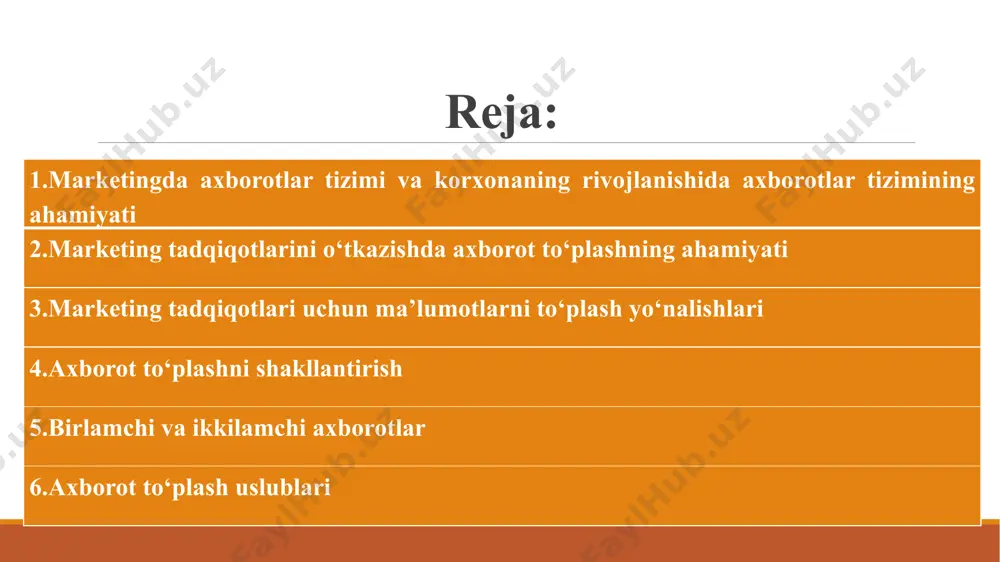 va taqsimlash uchun ishlab chiqilgan tizim. 2.marketing tadqiqotlarini o‘tkazishda axborot to‘plashning ahamiyati axborotlarning tavsifiy belgilari axborotlarning turlari axborotlarning mazmuni mazmuni bo‘yicha me’yoriy korxonalar faoliyatiga doir qonunlar va boshqa me’yoriy hujjatlar. hisob-statistik korxonaning faoliyatiga doir jarayonlarning hisob va hisobotlarda ifoda etilishi. ma’lumotnomadagi (spravochnik) turli spravochnik, katalog, pasport va prospektlar kabilarda keltirilgan ma’lumotlar. ilmiy-texnikaviy ilmiy-texnik tadqiqotlar natijalari, ixtirolar va boshqa ilmiy ishlanmalar. tizimlashtirish darajasi bo‘yicha tizimlashtirilgan muddati, ko‘rsatkichlari, davri, shakli, tarkibi kabi jihatlari tizimlashtirilgan axborotlar. tizimlashtirilmagan yuqoridagi qat’iy tartibga amal qilinmagan tarzda turli manbalarda keltirilgan axborotlar. ma’lumotlar manbasi bo‘yicha ikkilamchi buxgalteriya va statistik hisobotlar, me’yoriy hujjatlar, spravochniklar, normalar kabi oldindan tayyorlangan axborotlar. birlamchi oldindan tayyor bo‘lmagan, ma’lum bir maqsad uchun tadqiqot uchun zarur bo‘lgan ma’lumotlarni turli so‘rovlar, tadqiqotlar, kuzatuvlar va tajribalar natijasida to‘plangan axborotlar. davriyligi bo‘yicha o‘tgan davr axboroti korxona va bozor faoliyati to‘g‘risida oldin sodir bo‘lgan ma’lumotlar. joriy davr axboroti hisobot davrida sodir bo‘lgan jarayonlar to‘g‘risida tezkor tarzda keltirilgan axborotlar. kelgusi …