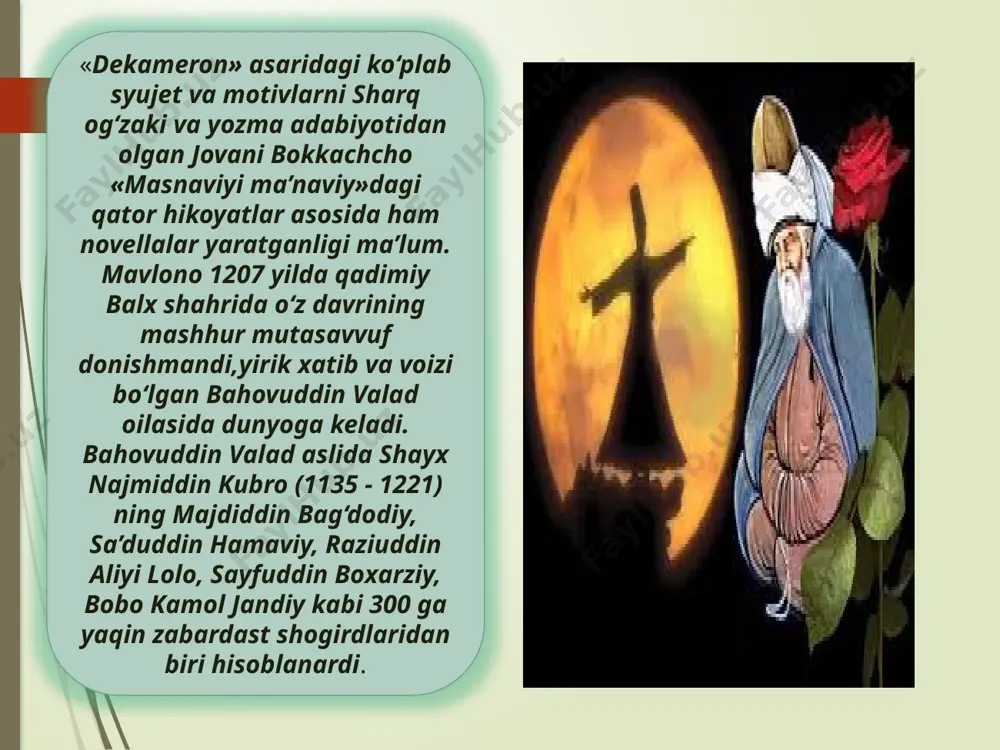 or havasida dil rubobdir, rubob, ishq o‘tida qovrilib kabobdir, kabob. dardim eshitib, etsa sukut dildorim, shul jimligi menga ming javobdir, javob. ishqing o‘tidan jo‘shgusi yoshlik qoni, ko‘ksimda jamoli jonlanar layloni. o’ldirsang agar o‘ldir — haloling bo‘lsin, yor qo‘lida o‘lsa, boqiy oshiq joni! qil yaxshilik — yaxshilikni bilgay dunyo, poydordir u yaxshilik tufayli tanho. mol qoldi-ku hammadan, qolar sendan ham, qoldirdi baxil — mol, yaxshilikni — dono. ishqingda g‘am ichra ushladim ko‘ngilni, har lahza izingga boshladim ko‘ngilni. yel menga olib keldi bugun bo‘yingni, shukr etdim-u, yelga tashladim ko‘ngilni olamda vafosi yo‘q kishi kam bo‘lsin! har bir kuni bevafoni(ng) motam bo‘lsin! yod etmadi g‘amdan o‘zga hech kimsa meni, ming tahsinu rahmat senga, ey g‘am, bo‘lsin! dehqon va sher. bir kuni tunda sher dehqonning og’ilxonasiga kirib, sigirini yebdi-da, o’sha yerning o’zida dam olgani cho’zilibdi. dehqon esa tunda uyg’onib, shamni ham yoqmasdan sigirdan xabar olish uchun og’ilxonaga yo’l olibdi. u og’ilxonaga kiribdi-da,paypaslanib sherning yelkasini …