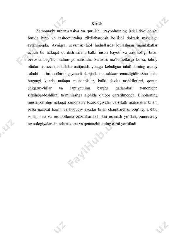 lmaydi va qulab tushadi. ayniqsa, yuqori qavatli, og‘ir materiallardan qurilgan binolarda xavf yanada ortadi zilzilalarning bino va inshootlarga salbiy ta’siri nafaqat moddiy zarar, balki ko‘plab inson qurbonlariga ham olib keladi. shu sababli, qurilish ishlari boshlanishidan oldin yer qatlamining geologik holati, zilzila xavfi bo‘yicha prognozlar, loyiha yechimlari chuqur o‘rganilishi kerak. qurilish texnologiyalari va materiallar tanlovida ham bu omillar hisobga olinishi lozim. shuningdek, zilziladan zarar ko‘rgan hududlar tajribasi shuni ko‘rsatadiki, zilzila xavfini hisobga olgan holda qurilgan binolar boshqa inshootlarga nisbatan kamroq zarar ko‘radi. bu esa zilzilabardoshlikni oshirishning ahamiyatini yana bir bor tasdiqlaydi. zilzilalarning ta’sirini kamaytirish uchun zamonaviy muhandislik yondashuvlari, seysmik tahlillar va ilg‘or hisoblash dasturlaridan foydalanish muhim ahamiyatga ega. har bir loyiha alohida seysmik zona talablari asosida baholanib, unga mos mustahkamlik darajasi belgilanishi kerak. bino va inshootlarning seysmik barqarorligini ta’minlash nafaqat texnik, balki ijtimoiy va iqtisodiy barqarorlikning ham muhim mezonidir. zilzila paytida bino faqatgina vertikal yuklarga emas, balki gorizontal kuchlarga ham bardosh …