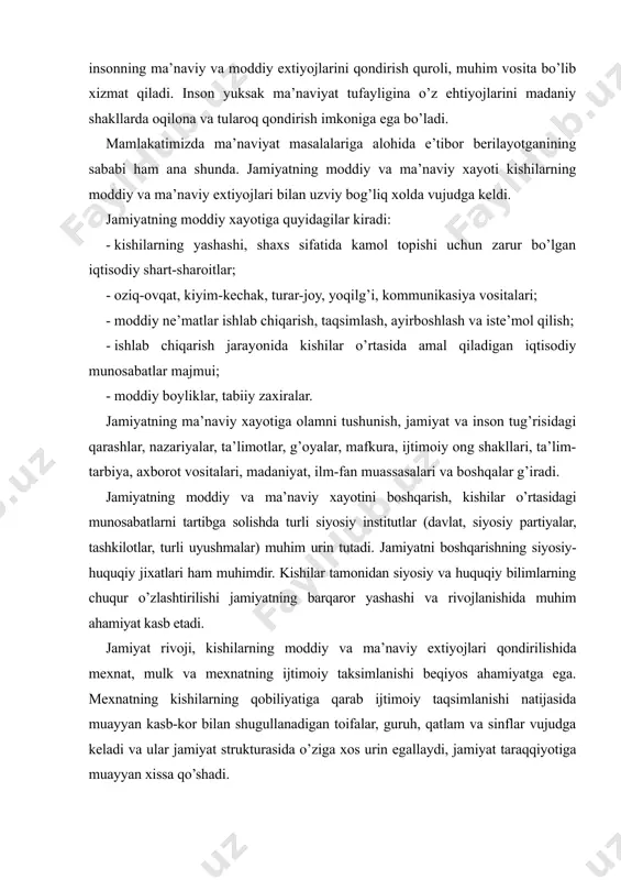 i munosabatlarni tartibga solishda turli siyosiy institutlar (davlat, siyosiy partiyalar, tashkilotlar, turli uyushmalar) muhim urin tutadi. jamiyatni boshqarishning siyosiy-huquqiy jixatlari ham muhimdir. kishilar tamonidan siyosiy va huquqiy bilimlarning chuqur o’zlashtirilishi jamiyatning barqaror yashashi va rivojlanishida muhim ahamiyat kasb etadi. jamiyat rivoji, kishilarning moddiy va ma’naviy extiyojlari qondirilishida mexnat, mulk va mexnatning ijtimoiy taksimlanishi beqiyos ahamiyatga ega. mexnatning kishilarning qobiliyatiga qarab ijtimoiy taqsimlanishi natijasida muayyan kasb-kor bilan shugullanadigan toifalar, guruh, qatlam va sinflar vujudga keladi va ular jamiyat strukturasida o’ziga xos urin egallaydi, jamiyat taraqqiyotiga muayyan xissa qo’shadi. jamiyat taraqqiyoti to’g’risidagi nazariyalar. falsafiy tafakur tarixida jamiyatning mohiyati va rivojlanishiga oid turli nazariyalar mavjud. xususan, nemis faylasufi gegel jamiyatning shakllanishi va rivojlanish sabablarini mutlaq ruhning rivojlanishi bilan, l. feyerbax din bilan bog’lagan, ijtimoiy taraqqiyot sabablarini diniy ong taraqqiyotidan izlagan. fransuz mutafakkiri o. kont jamiyatning rivojlanish sabablarini insoniyat ma’naviy taraqqiyotining uch bosqichi (teologik, metafizik, pozitiv bosqichlar) bilan izoxlagan. k.marks jamiyatning rivojlanish sabablarini sinfiy …