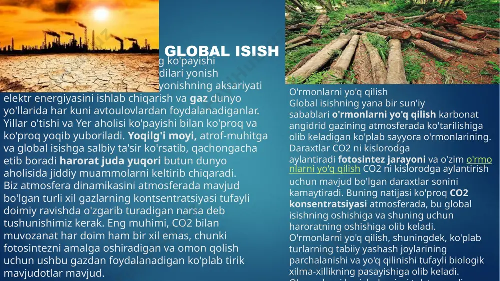 rib chiqaradi: — qatlamning yemirilishi natijasida katta miqdordagi quyosh radiatsiyasi yer yuziga yetib keladi; — insoniyatda teri saratoni bilan kasallanish keskin ortib ketadi. shifokorlar bu turdagi saratonlarni davolash juda murakkabligi haqida ogohlantirishmoqda; — insonning kasalliklarga qarshi kurashuvchi immun tizimida susayish kuzatiladi; — odamning eng muhim a’zolaridan biri — ko‘zlar zararlanadi; — hosildorlik pasayib ketadi. daraxtlar parvarish qilinganiga qaramay, qurib qolaveradi. o‘simliklarning barglari kichrayadi. bu o‘z navbatida kislorod manbai bo‘lgan barglarda fotosintez jarayoniga salbiy ta’sir ko‘rsatadi; — qattiq ultrabinafsha nurlar dunyo okeanidagi jonzotlar va o‘simliklarni ham zararlaydi. ayniqsa, oziq zanjirining yetakchi bo‘g‘inlarida muhim o‘rin tutadigan, radiatsiyaga juda ta’sirchan bo‘lgan planktonlar ko‘p nobud bo‘ladi. yuza qatlamlardagi suvo‘tlar ham zararlanadi. jahon hamjamiyati ozon qatlamini saqlab qolishning ahamiyatini tushunib yetgan holda bir qancha choralarni ko‘rgan va ko‘rmoqda. 1987-yilda qabul qilingan monreal dalolatnomasida eng xavfli xlorftoruglerodlar ro‘yxati tuzib chiqilgan va bu moddalarni ishlab chiqaruvchilar ishlab chiqarish hajmini kamaytirishni o‘z zimmalariga olganlar. 1990-yilning iyunida bu dalolatnomaga …