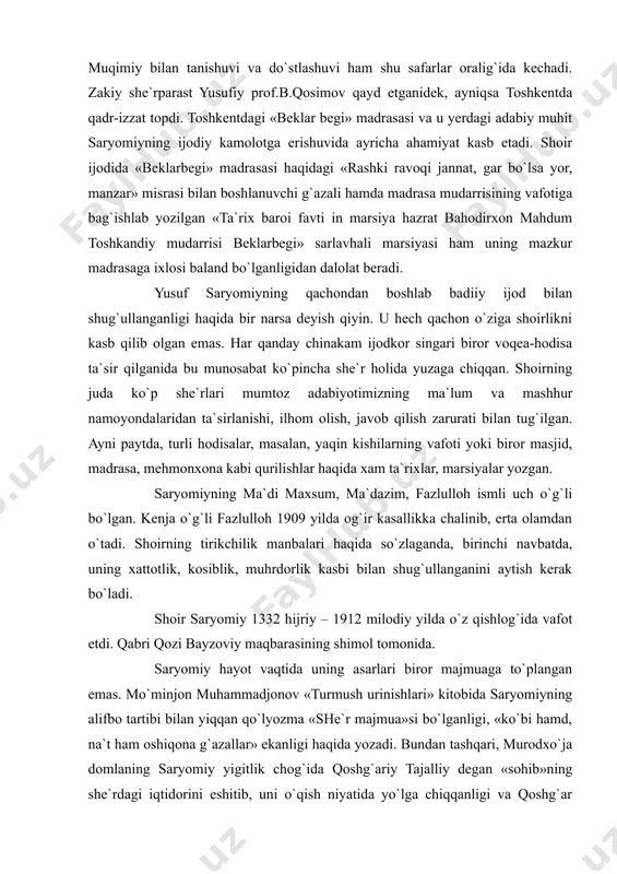 log`ida vafot etdi. qabri qozi bayzoviy maqbarasining shimol tomonida. saryomiy hayot vaqtida uning asarlari biror majmuaga to`plangan emas. mo`minjon muhammadjonov «turmush urinishlari» kitobida saryomiyning alifbo tartibi bilan yiqqan qo`lyozma «she`r majmua»si bo`lganligi, «ko`bi hamd, na`t ham oshiqona g`azallar» ekanligi haqida yozadi. bundan tashqari, murodxo`ja domlaning saryomiy yigitlik chog`ida qoshg`ariy tajalliy degan «sohib»ning she`rdagi iqtidorini eshitib, uni o`qish niyatida yo`lga chiqqanligi va qoshg`ar dovoniga yetganda qaroqchilar unga tajovuz qilganligi, bu vaqtda shoirning qo`lida bir necha yildan buyon mashq qilgan she`rlar to`plami bo`lganligi haqidagi qaydini ham xotirlasak, masala yana ham oydinlashadi. yuqoridagi ma`lumotlarga qaraganda, shoir hayotlik chog`ida asarlarini majmua holiga keltirish niyatida bo`lgan. biroq, ba`zi sabablarga ko`ra, bu ish amalga oshmagan. qolaversa, uning bir necha asarlari izsiz yo`qolgan. shundan keyingi asarlarini shogirdi shoir tavallo yig`ib, 1332 (1912-1913) yilda devon holiga keltirgan. bu mo`tabar kulliyot saryomiy merosini o`rganishda bugungi kunda asosiy va yagona manba bo`lib xizmat qilmoqda. «mavlaviy yusuf saryomiy» deb nomlangan ushbu …