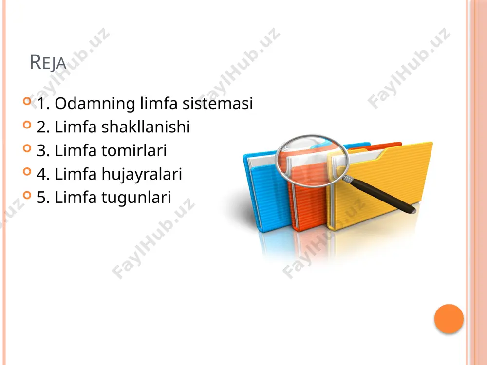oy-lashgan limfa tomirlari farq qilinadi. odam tanasida ham teridan, teri osti yog qatlami va fassiyalardan boshlanuvchi yuza limfa kapillyarlari bor. limfa sistemasining tuzulishi chuqur limfa tomirlari suyak, suyak ust pardasi, boʻgʻimlar, muskullar, nervlar va qon tomirlardan kapillyarlar bilan boshlanadi. limfa tomirlari tegishli joylarda yoʻgʻonlashib, limfa tugunlarini hosil qiladi. toʻqima suyuqligining bosimi, limfa yigilishi hamda gavda muskullarining qis-qarishi tufayli limfa limfa sistemasi boʻylab harakatlanadi. aʼzodan tashqaridagi limfa tomirlari yaqinda joylashgan limfa tugunlariga quyiladi. limfa shakllanishi limfa shakllanishi. limfa limfa kapillyarlariga kiradigan interstitsial suyuqlikdan hosil bo'ladi. shuning uchun, dastlab limfa interstitsial suyuqlik bilan bir xil tarkibga ega. ko'pgina to'qimalarning interstitsial suyuqligidagi oqsillarning kontsentratsiyasi taxminan 2 g / dl ni tashkil qiladi, shuning uchun bu to'qimalardan oqib chiqadigan limfadagi oqsillarning konsentratsiyasi bu qiymatga mos keladi. jigarda hosil bo'lgan limfa 6 g / dl yuqori protein konsentratsiyasiga ega, ichak limfa esa 3 dan 4 g / dl gacha.. limfa shakllanishi limfa hajmining 2/3 qismi …