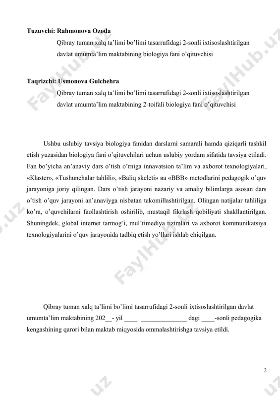 ay darajada rivojlanganligi bilan belgilanadi. bugungi kunda mustaqil taraqqiyot yo’lidan borayotgan mamlakatimizning uzluksiz ta’lim tizimini isloh qilish va takomillashtirish, yangi sifat bosqichiga ko’tarish, unga ilg’or pedagogik va axborot texnologiyalarini joriy qilish, hamda ta’lim samaradorligini oshirish davlat siyosati darajasiga ko’tarildi. “kadrlar tayyorlash milliy dasturi” va “ta’lim to’g’risida”gi qonunlarda o’zbekiston respublikasida ta’lim-tarbiya tizimini zamonaviy talablar darajasiga ko’tarish va ta’limning uzluksizligini ta’minlashning asosiy maqsadlari va shart - sharoitlari belgilab berildi. o’zbekiston respublikasi oliy majlisining ix sessiyasida birinchi prezidentimiz i.a.karimov ta’kidlab o’tganlaridek, “ta’limning yangi modeli jamiyatda mustaqil fikrlovchi erkin shaxsning shakllanishiga olib keladi. biz o’zining qadr - qimmatini anglaydigan, irodasi baquvvaqt, iymoni butun, hayotda aniq maqsadga ega bo’lgan insonlarni tarbiyalash imkoniga ega bo’lamiz”. bundan kelib chiqadigan xulosa shuki, yangi sharoitda yangi o’zbekistonni yanada rivojlantiradigan, raqobatbardosh yoshlarni tarbiyalash, ularni hayotga ishlab - chiqarish sohalariga tayyorlash ta’lim tizimining bosh vazifasi bo’lib qoladi. keng qamrovli istiqlolga yo’nalgan bu sharafli va mas’uliyatli vazifani amalga oshirishda yetakchi kuch – …