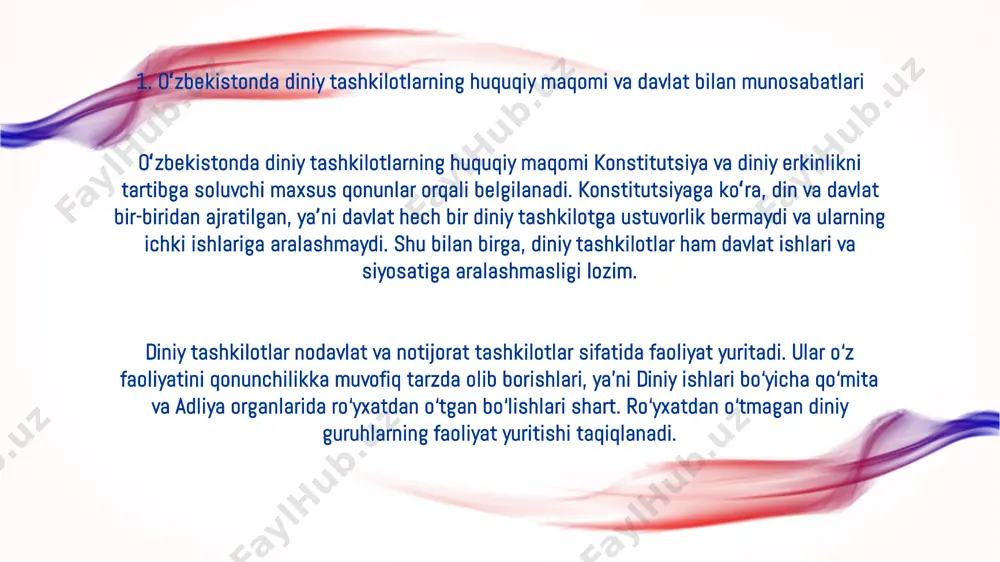 spublikasining qonunchilik talablariga qat’iy rioya qilgan holda olib boradi. ularning asosiy vazifalari jamiyatda diniy sabr-toqat, bag‘rikenglik, millatlararo totuvlik va ma’naviy birlikni mustahkamlashga qaratilgan 3. diniy tashkilotlarning jamiyatdagi roli va ular bilan bogʻliq dolzarb masalalar diniy tashkilotlar o‘zbekistonda jamiyat hayotining muhim tarkibiy qismlaridan biri hisoblanadi. ular ma’naviy va axloqiy qadriyatlarni targ‘ib qilish, insonlar ongida ezgulik, halollik, bag‘rikenglik kabi fazilatlarni shakllantirishda muhim o‘rin tutadi. diniy tashkilotlar ayniqsa yoshlarga ta’sir ko‘rsatuvchi omil sifatida ijtimoiy tarbiya, to‘g‘ri hayotiy yo‘l tanlashda yordam beradi. shuningdek, ular ko‘plab ijtimoiy masalalarning yechimiga ham hissa qo‘shadi. masalan, xayriya tadbirlari, nochor oilalarga yordam, diniy bayramlarda tashkil etiladigan ommaviy tadbirlar orqali ijtimoiy birdamlik va hamjihatlikni mustahkamlashda faollik ko‘rsatadi. odamlar o‘rtasidagi ijtimoiy adolat, sabr-toqat va mehr-oqibat tamoyillari aynan diniy tashkilotlar targ‘iboti orqali jamiyatga chuqur singadi. biroq, diniy tashkilotlar faoliyati bilan bog‘liq ayrim dolzarb masalalar ham mavjud. ulardan biri — diniy ekstremizm va radikalizm xavfidir. ayrim guruhlar diniy e’tiqod niqobi ostida yoshlarni chalg‘itish, …